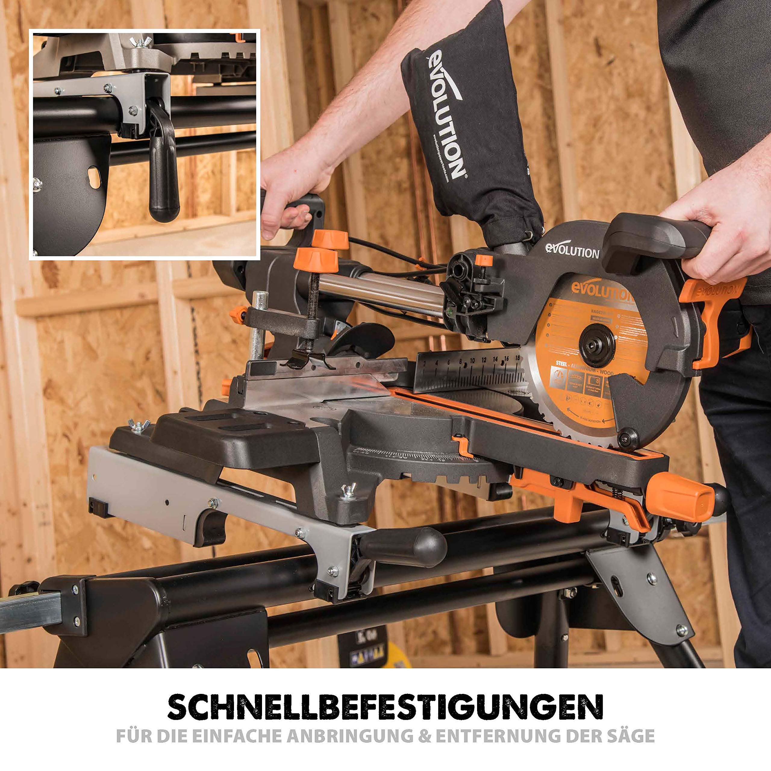Evolution Arbeitstisch Untergestell für Gehrungssägen Elektrowerkzeuge - Universell passend für Evolution, Einhell, Metabo, Makita, DeWalt, Bosch - Kompakter klappbarer Ständer mit ausziehbaren Armen