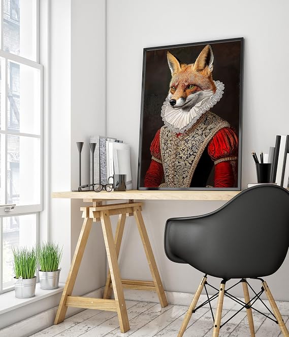 Fox Tudor Animals Poster, Funny Pets Wall Art Prints, Historical Animal Portraits, Living Room Home Decor, A4 (Print Only) - 29.7x21cm