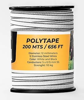 TRAE Electric Fence Polytape 656 Feet (200 Meters) | 5 Stainless Steel Strands for High Conductivity & Rust Resistance | 12mm UV-Resistant Electric Fence Tape for Horses, Livestock & Farm Use