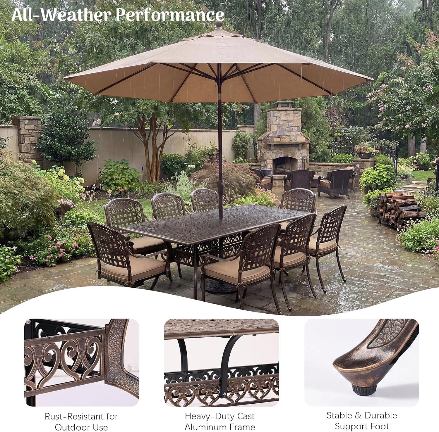 Redlife 9-Piece Cast Aluminum Outdoor Dining Set, 86" Rectangular Patio Table with Umbrella Hole, 2 Swivel Rocker Chairs & 6 Stackable Chairs with Cushion,Lattice Backrest, All-Weather Waterproof