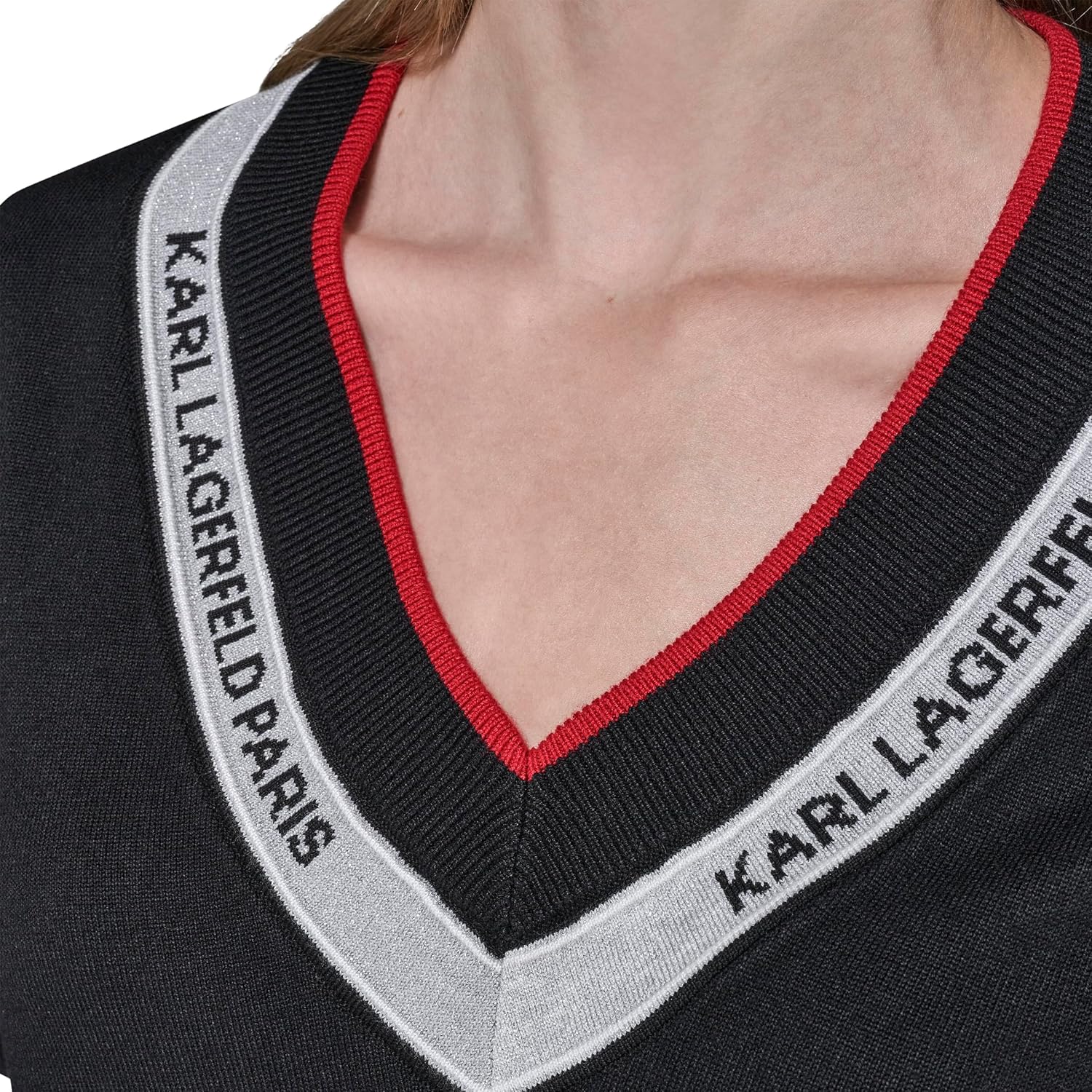 Karl Lagerfeld Women's Long Sleeve V-Neck Logo Tape Sweater
