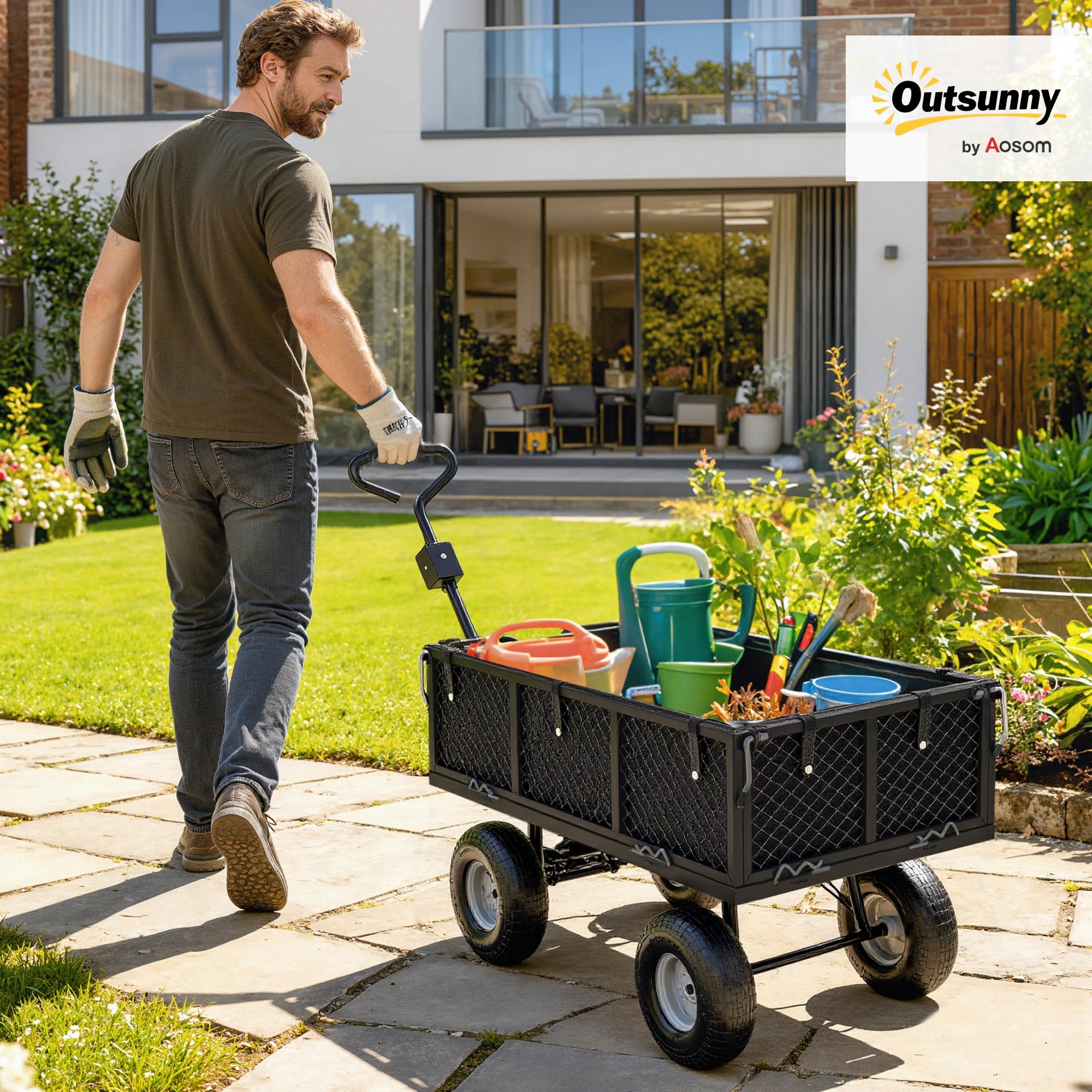 Outsunny Carrito de Jardín con Ruedas Grandes, Carga 300 kg, Carro de Mano con Asa Ajustable y Bolsa Impermeable Removible, Carrito de Transporte para Todo Terreno, Compra, Camping, Negro