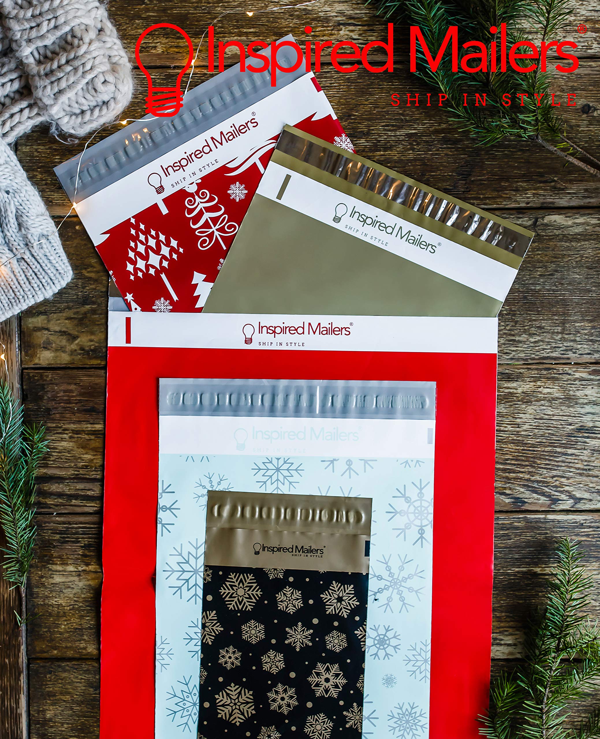 Inspired Mailers - Poly Mailers 14,5 x 19-50 sztuk - złote płatki śniegu deluxe (zielone) - zimowe koperty wysyłkowe - duże torby pocztowe - torby do pakowania do wysyłki