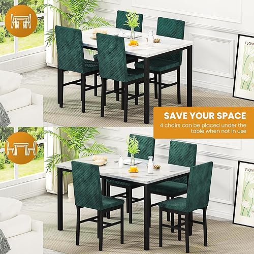 Miniatura 6 de Recaceik Juego de 4 mesas y sillas de comedor, mesa de comedor de mármol sintético con 4 sillas tapizadas de terciopelo, cocina y comedor (blanco y