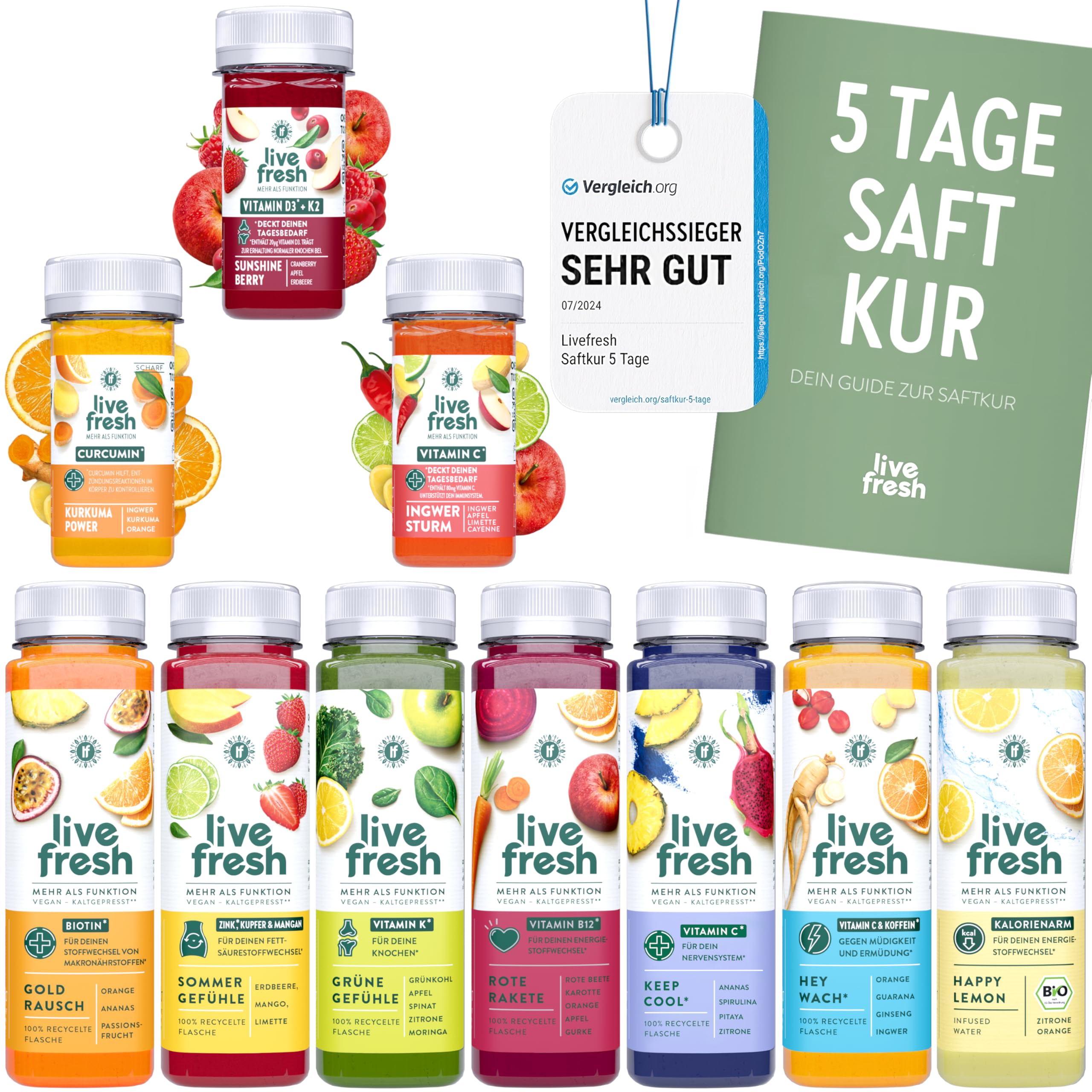 LiveFresh Saftkur 5 Tage | 35 Säfte (250ml) & 15 Shots (60ml) kaltgepresst¹ | 713 Kalorien pro Tag | Vegane Fastenkur | Booklet mit Tipps & Tricks | Frisch gepresste Fruchtsäfte | 8,75€ Pfand