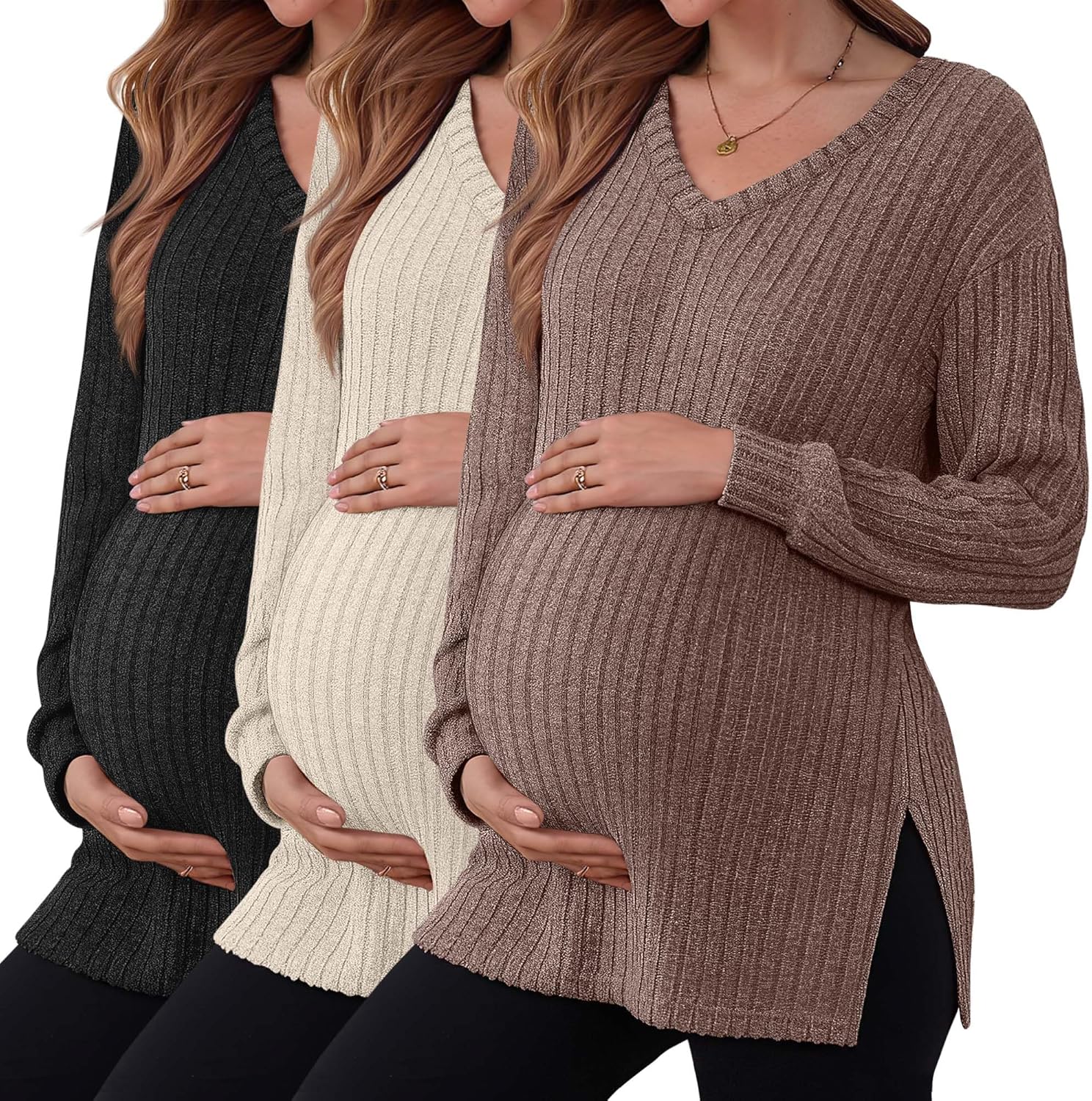 3 Pack Women's Ribbed Maternity Shirts, Long Sleeve V Neck Pregnancy Sweaters with ...