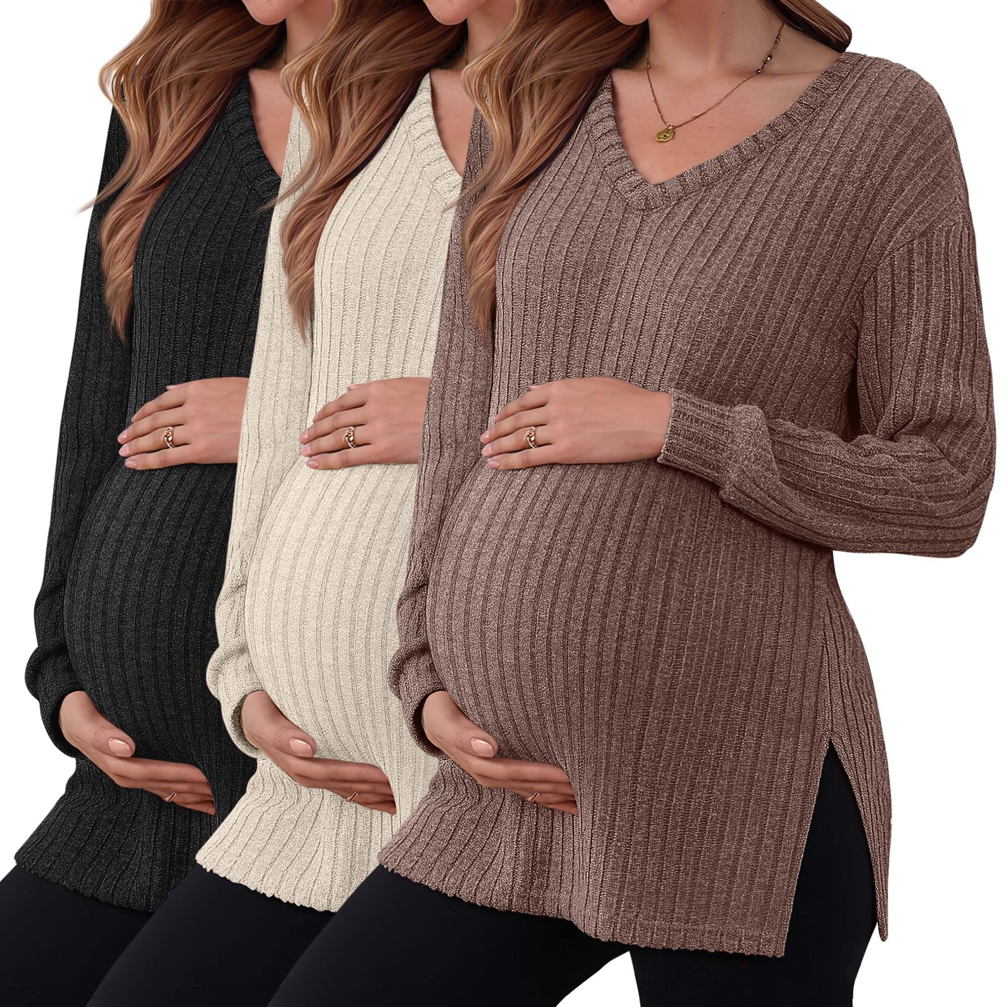 Xuniea 3 Stück Gerippte Umstands-Shirts für Damen, Langarm V-Ausschnitt Pullover mit Seitenschlitz