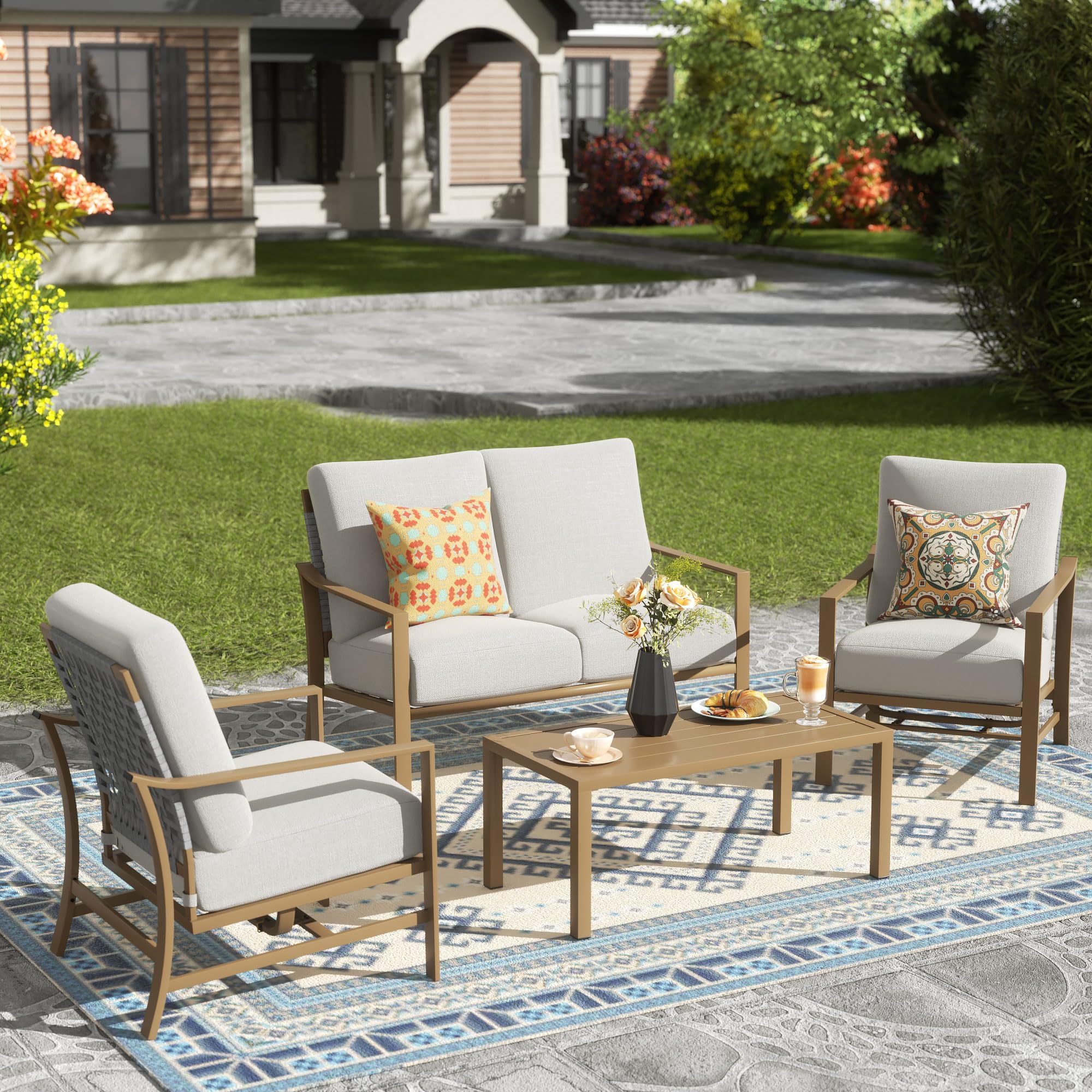 NATURAL EXPRESSIONS 4 Pieces Patio Furniture Sets,Modern Metal Outdoor Conversation Sets with All Weather Hand-Woven Rope Chairs,High Back Frame,Metal