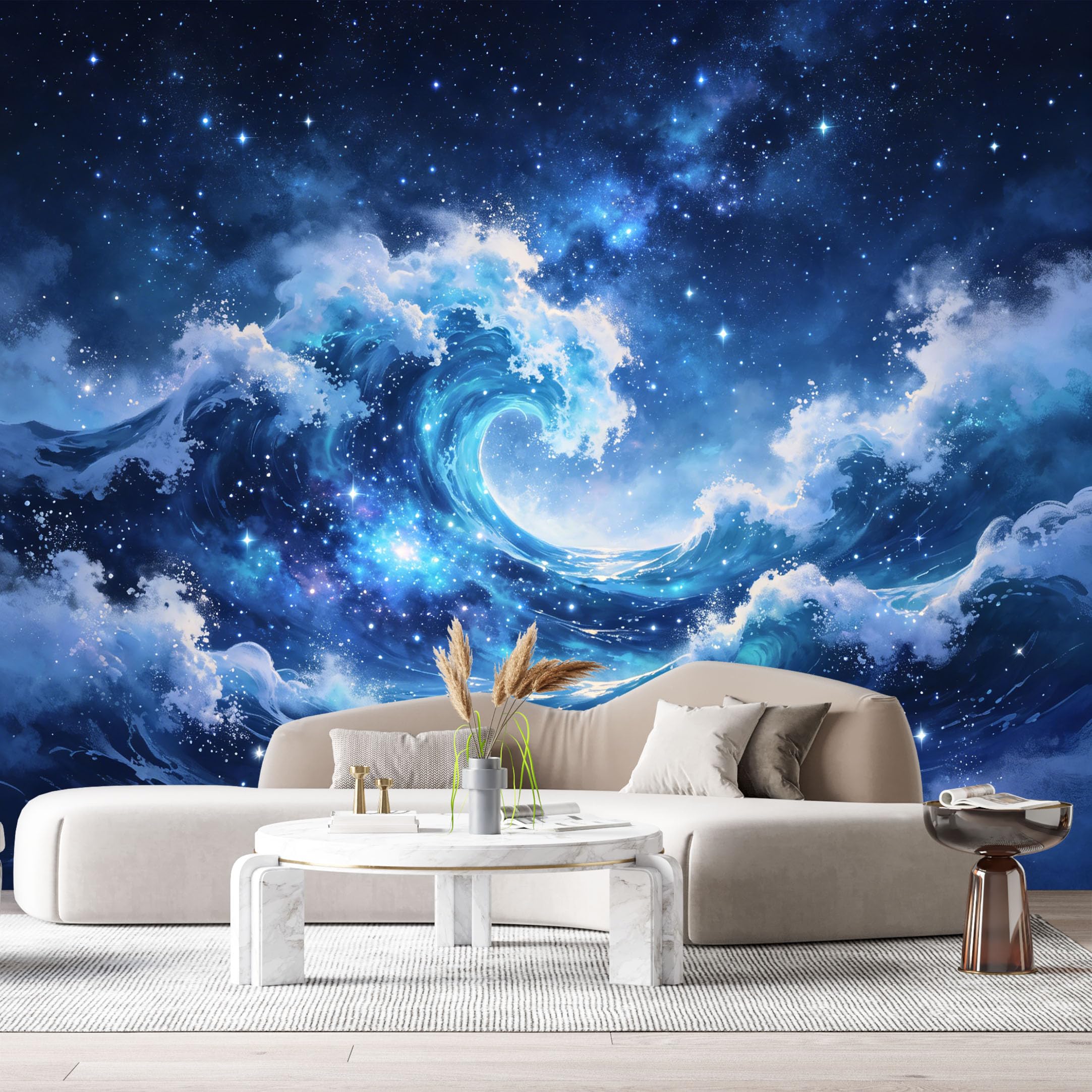Custom Size Wall Murals Ocean Marine Watercolor Night Starry Sky Waves SelfAdhesiveWall Fabric Removable Wallpaper Wall Decor for Living Room Bedroom Bathroom