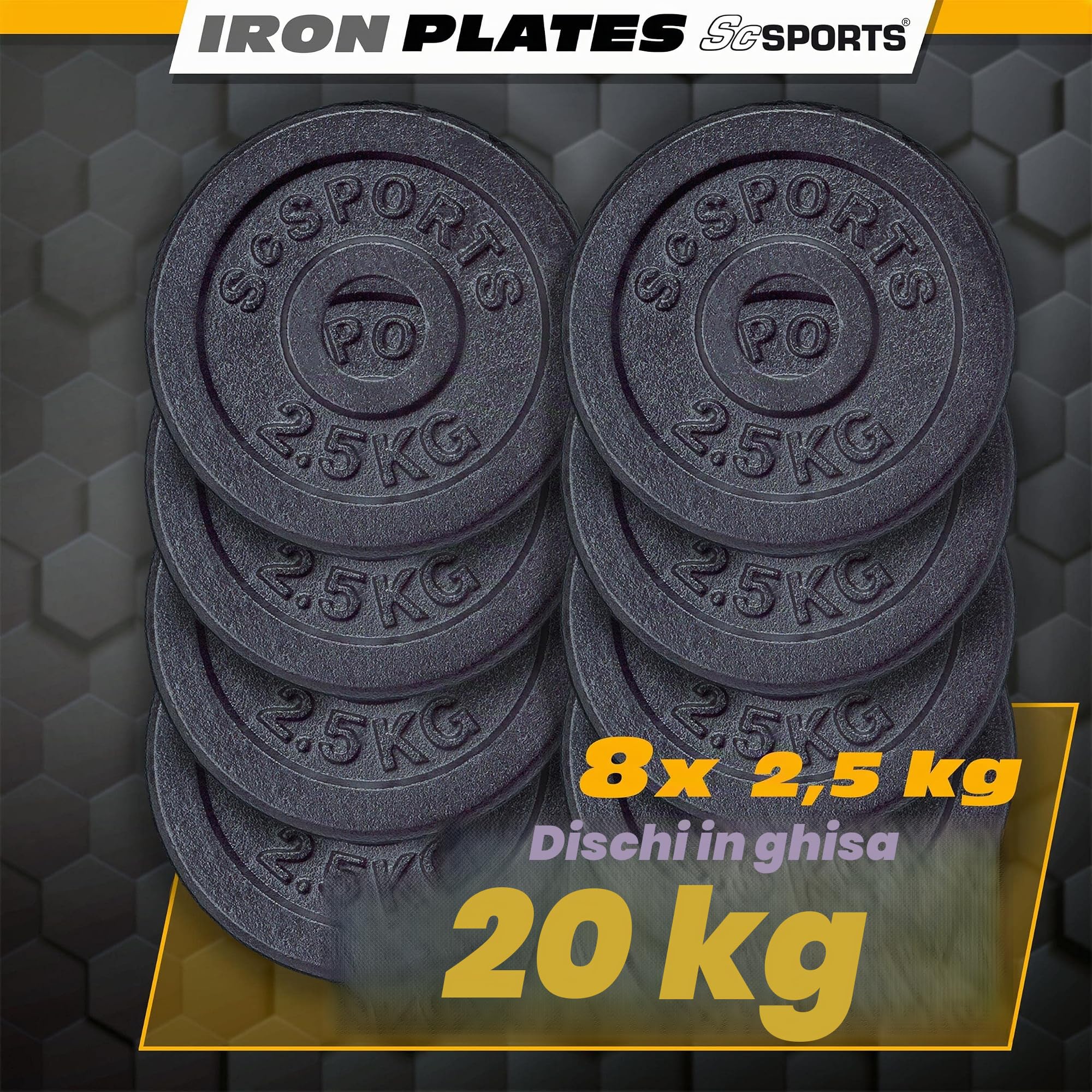 ScSPORTS® Dischi Pesi - Set da 2/4/5/10/15/20 kg, Ghisa, Ø 30/31mm, Nero - Weight Plates, Piastre, Bilanciere, Manubri, Palestra da Casa, Fitness, Allenamento (20 kg (8X 2.5))