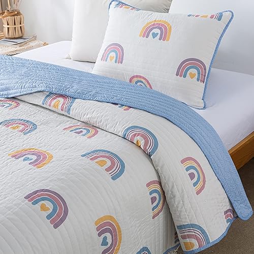 Miniatura 2 de Soul & Lane Juego de edredón arcoíris - Tamaño Queen con 2 fundas, acogedora colcha acolchada ligera con motivo de arcoíris y corazones, ropa de
