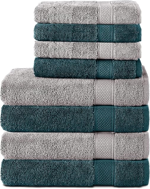 Komfortec Zestaw 8 ręczników ze 100% bawełny, 4 ręczniki kąpielowe 70 x 140 i 4 ręczniki do rąk 50 x 100 cm, frotte, miękkie, duże, srebrne/petrol