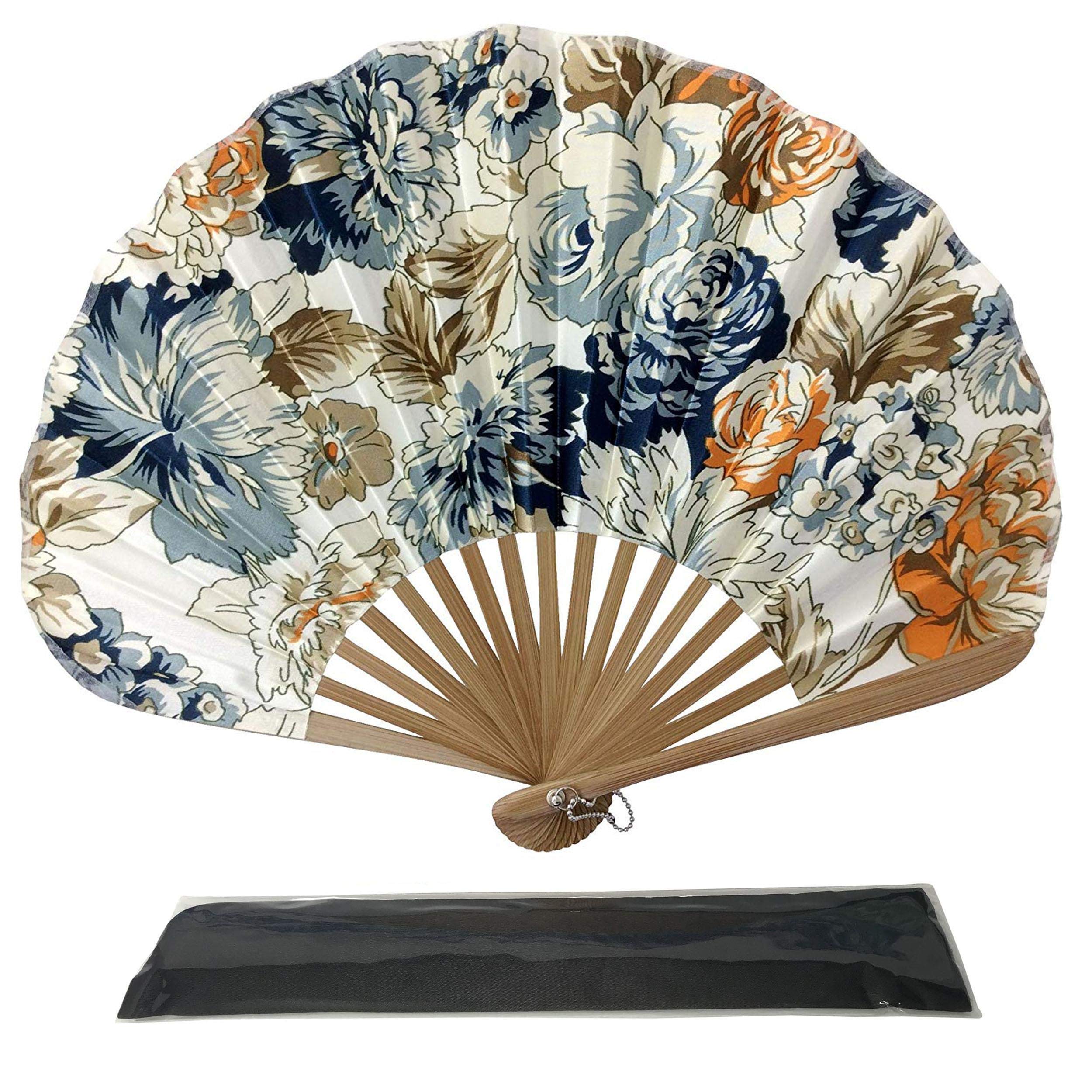 Rangebow Folding Hand Held Fans, Ascot Style Hand Held Fans for Women Girls Japanese Vintage Retro Silk Fabric Fan with a Matching Fabric Pouch Wedding Dance Church Party Gifts for Teachers. (AS02)