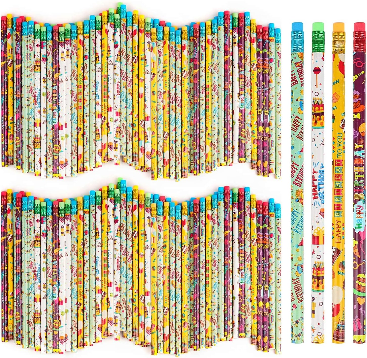 Kolewo4ever 200 Pieces Happy Birthday Pencils Colorful Printed Birthday Pencils with Top Erasers for Teachers Classrooms Reward Birthday Party Students Gifts Supplie