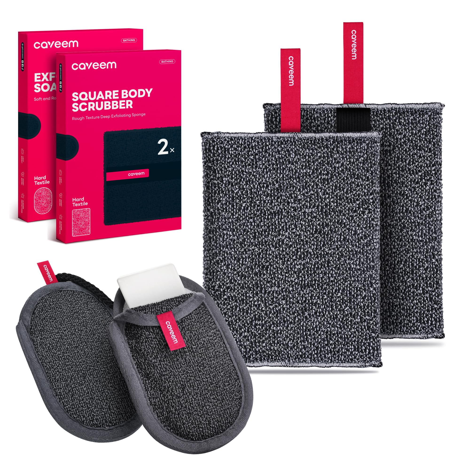 Caveem's Exfoliating Body Scrubber (2 Pack) & Roughness Soap Bag (2 Pack) – Extra Deep Cleansing for Smooth Skin