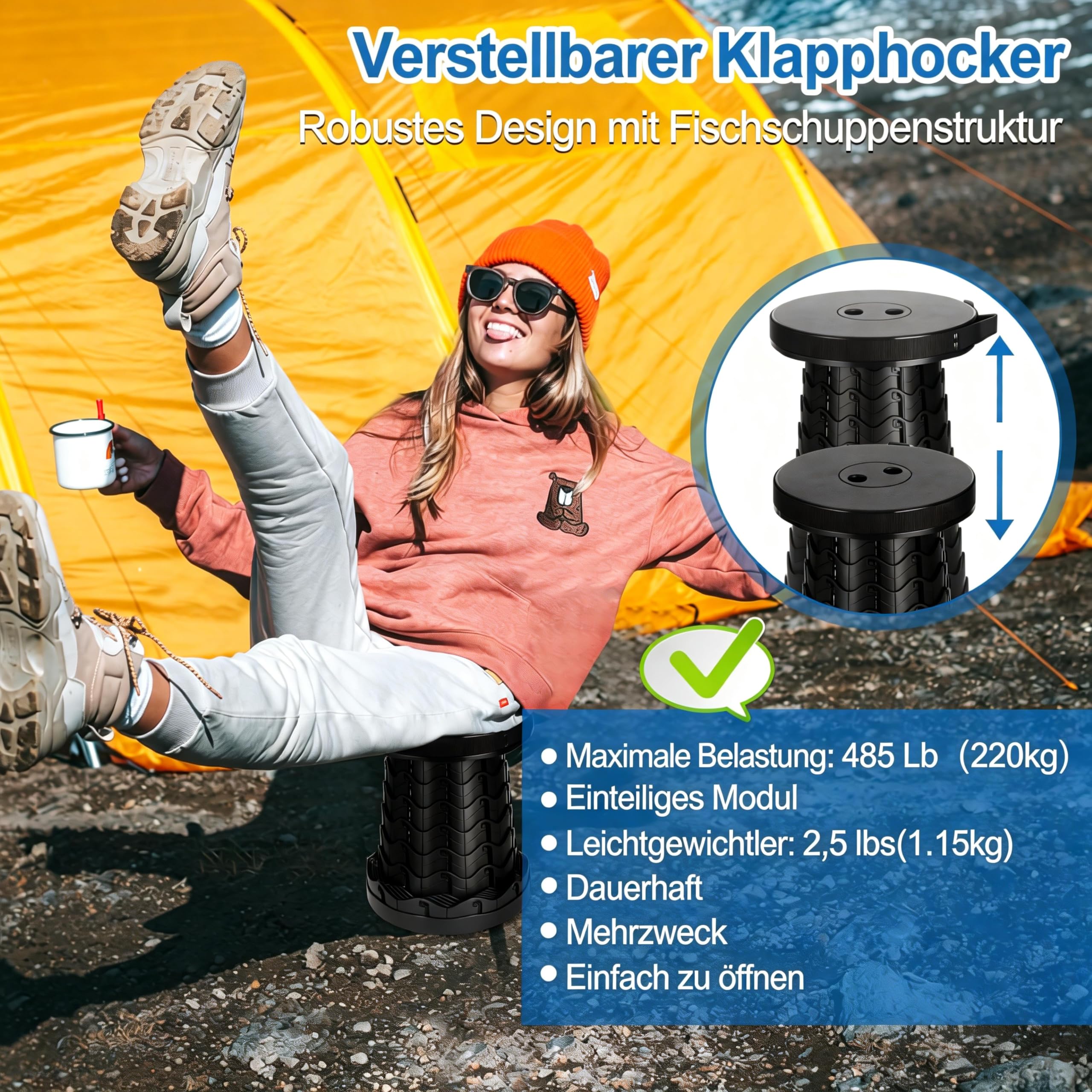 Eulenke 4X Tragbarer Klapphocker, Leichte Teleskophocker Tragfähigkeit 220 kg, 6-44 cm Höhenverstellbare Falthocker, Ausziehbarer Campinghocker, Faltbarer Hocker für Camping Garden Angeln Wandern