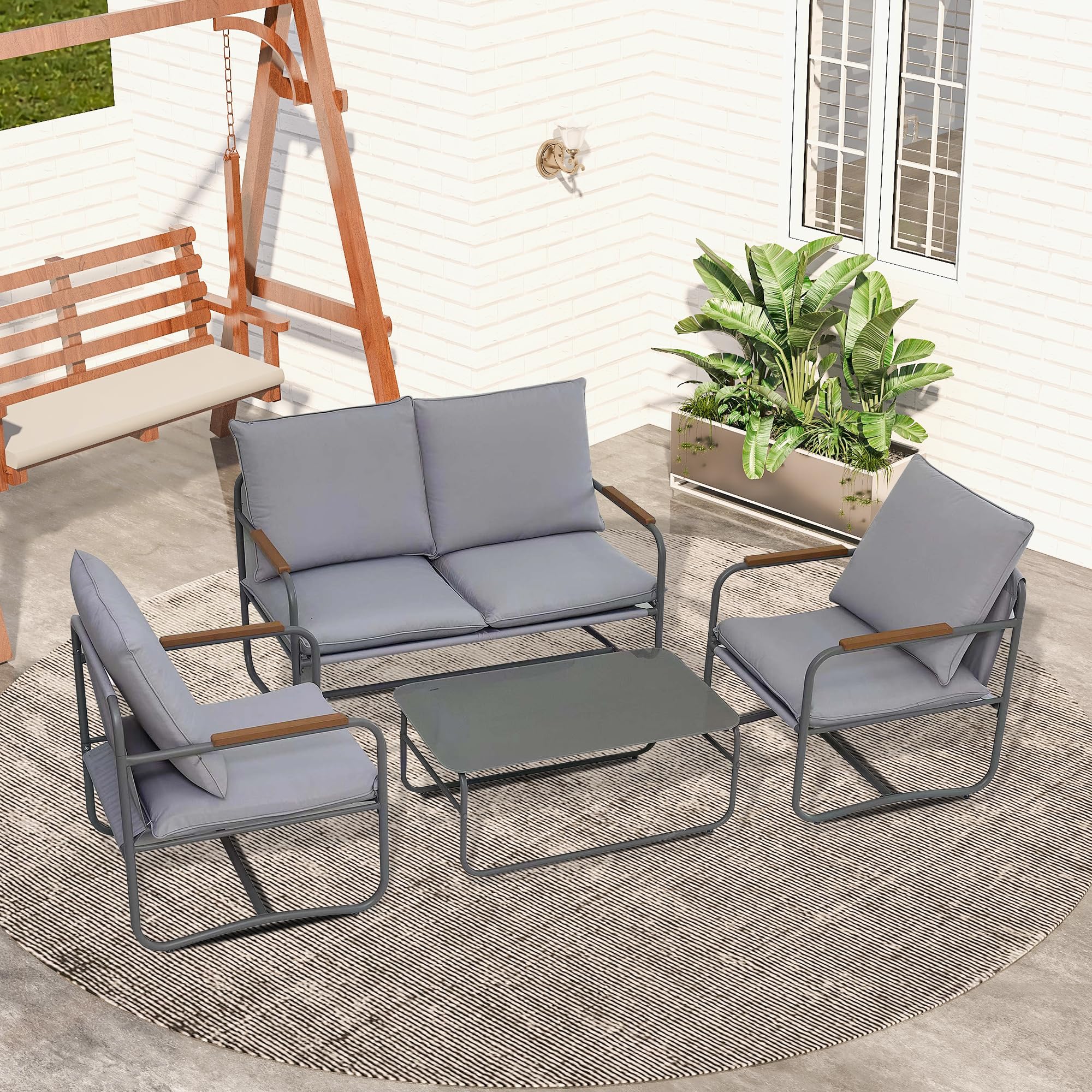 GOWE 4-Piece Outdoor Patio Furniture Sets, Patio Conversation Set with Removable Seating Cushion, Courtyard Patio Set for Home, Yard, Poolside