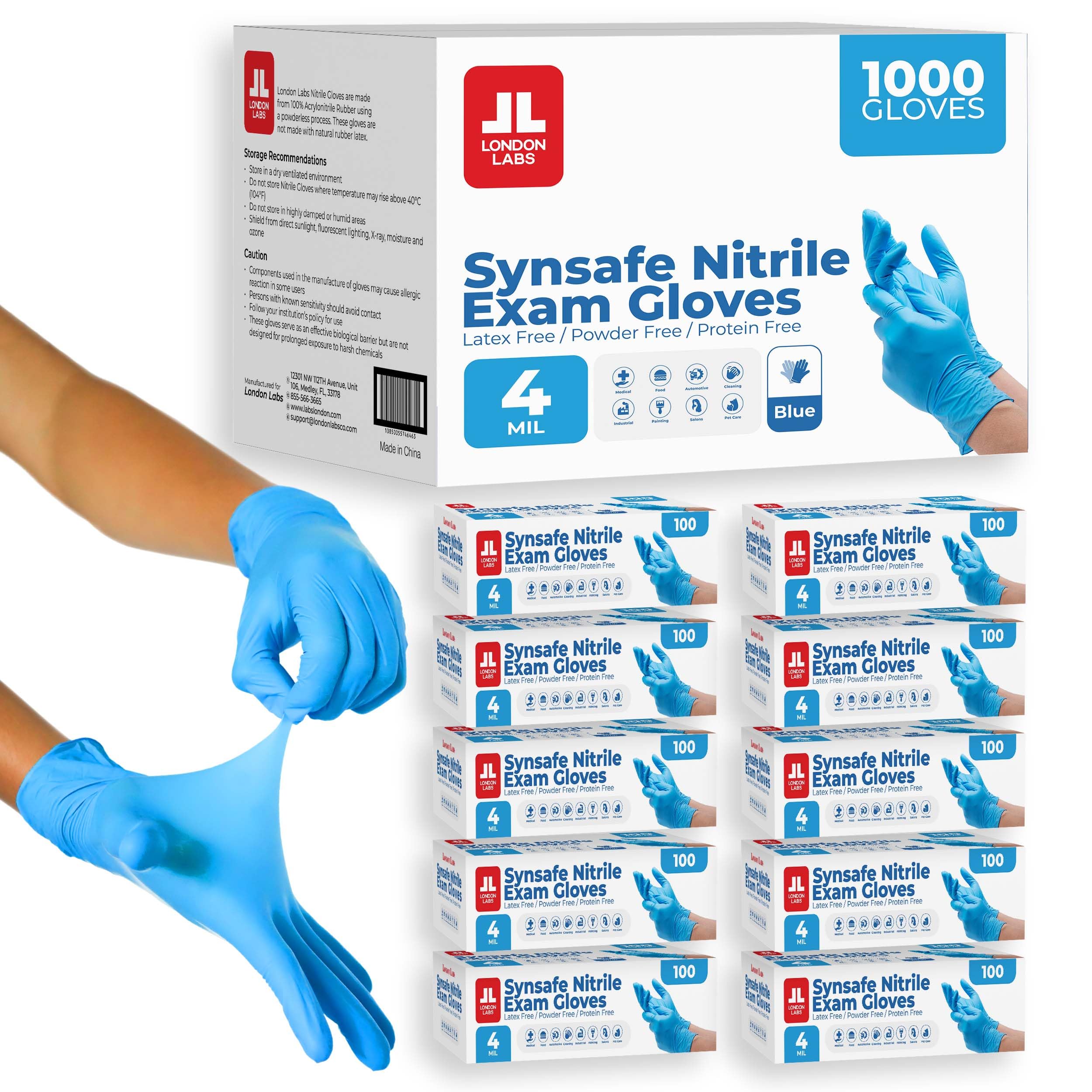 London Labs Synsafe - Guanti da esame in nitrile blu, usa e getta, senza lattice e senza polvere, extra resistenti, kit di primo soccorso, medici, EMT, pulizia, cucina, confezione da 1000 ct