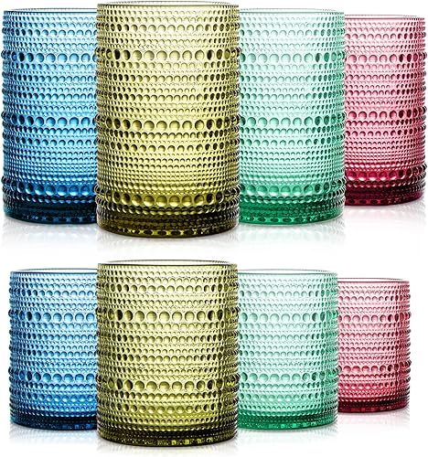 Juego de 8 vasos de cristal vintage de colores Hobnail 4 vasos altos de 14 onzas, vaso de vidrio de 4 rocas de 11 onzas, cristalería antigua en