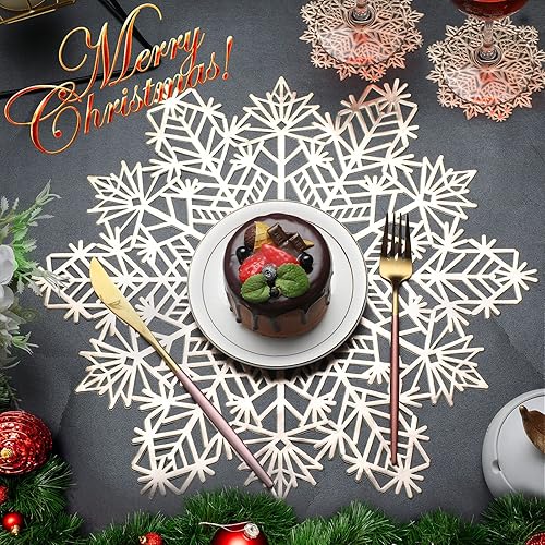 Miniatura 6 de Juego de 24 manteles individuales de vinilo prensado con copos de nieve, incluye manteles individuales de vinilo metálico, posavasos de Navidad,