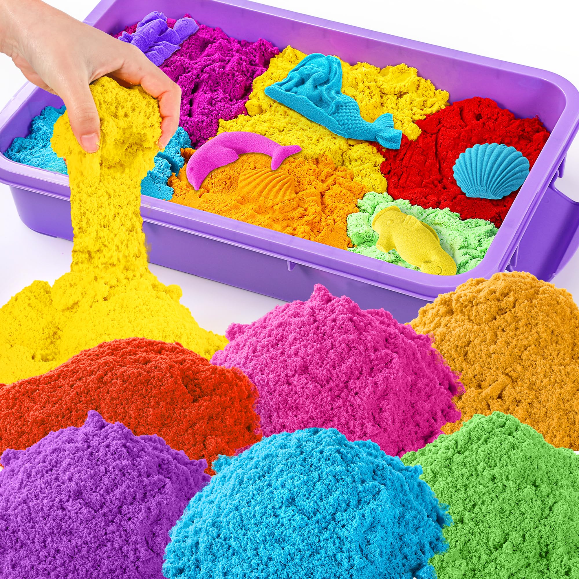 sikmcle Play Sand with Sensory Bin Toy for Kids, 8 lb of 7 Colored Bulk Magic Sand with Sandbox for Toddlers, Sensory Sand Kit for Boys and Girls Age