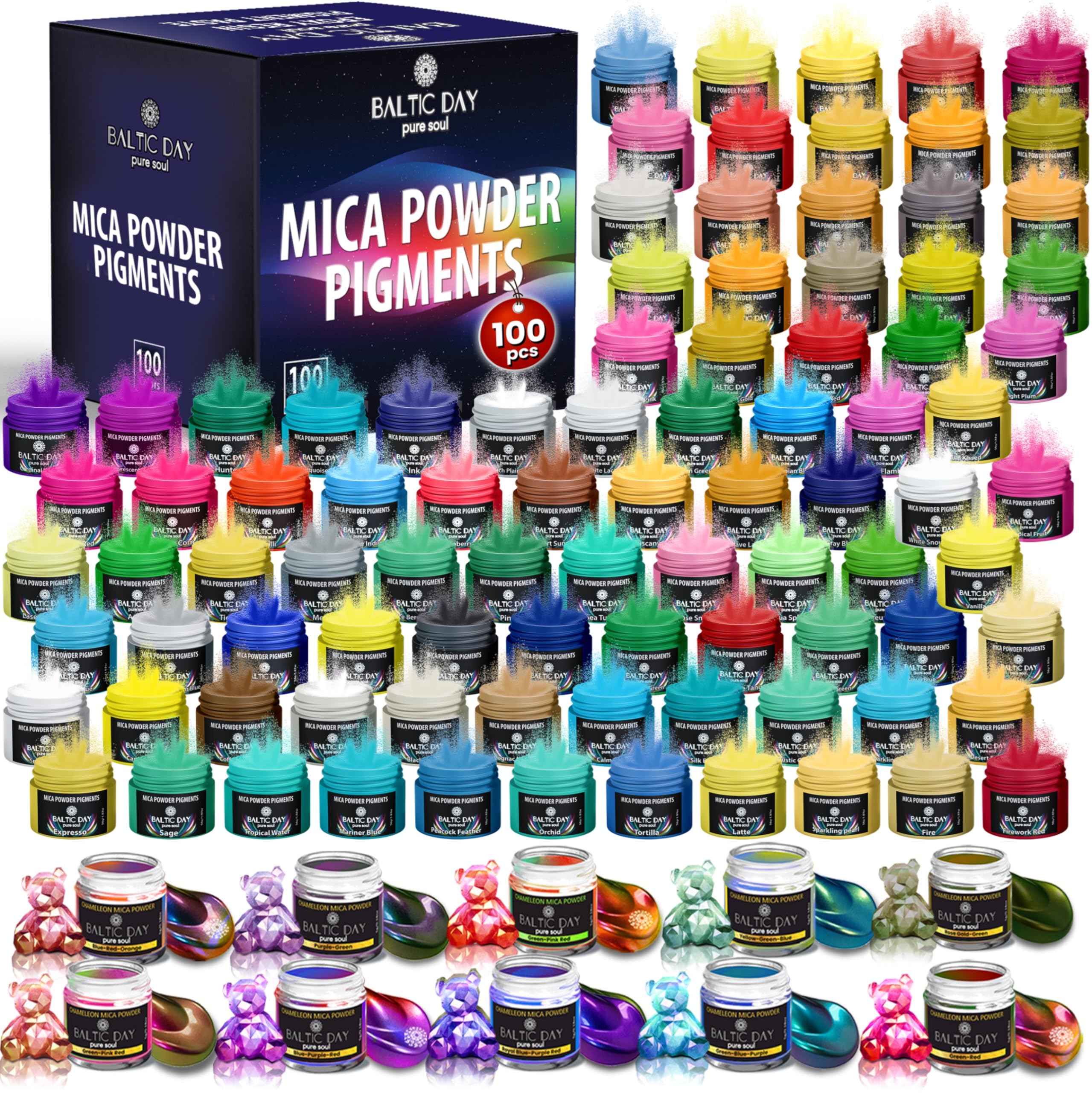 BALTIC DAYMica Powder, 100 Colors - 10 Chameleon Mica Powder for Epoxy Resin 10g/Bottle - Resin Colorant for Lip Gloss, Soap Making, Candle, Nail, Bath Bomb, Paint, Car Freshies