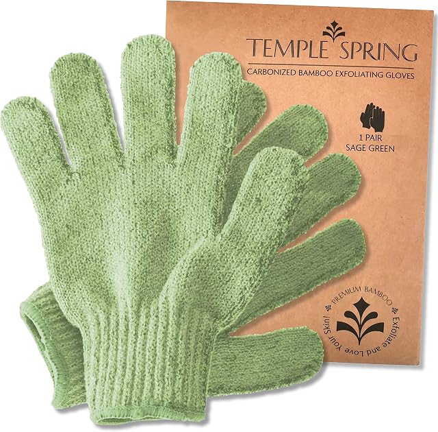 Exfoliating Gloves - Bamboo Shower Gloves - Bath and Body Exfoliator Mitts - Scrubs away Ingrown Hair and Dead Skin - Natural Eco Microfibre Bath Gloves - Sage Green