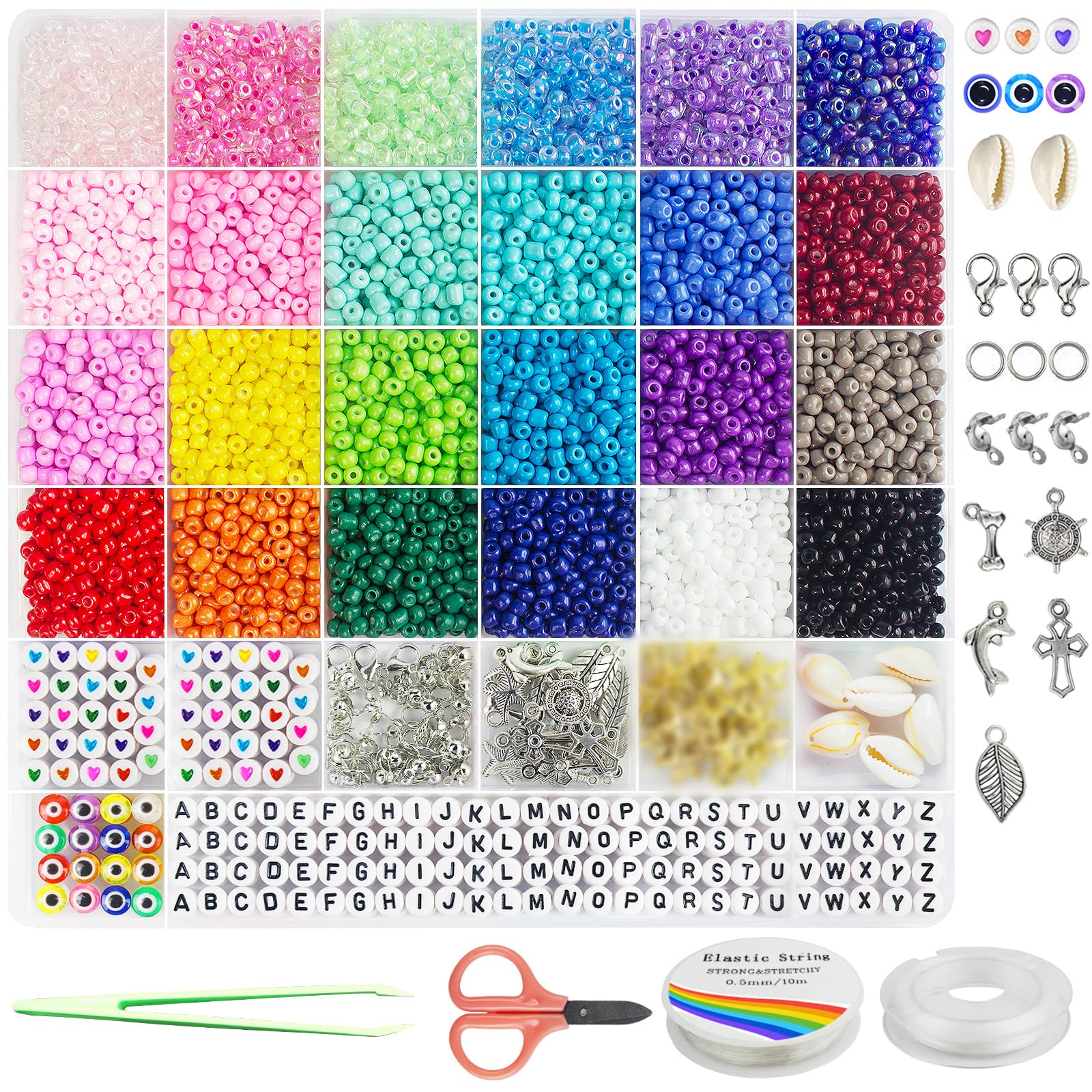 Redtwo 3400pcs 4mm Glass Seed Beads for Jewelry Making Kit, Small Beads Friendship Bracelets Making Kits, Tiny Waist Beads Kit with Evil Eye Letter Beads and Elastic String, DIY Art Craft Girls Gifts-image-16