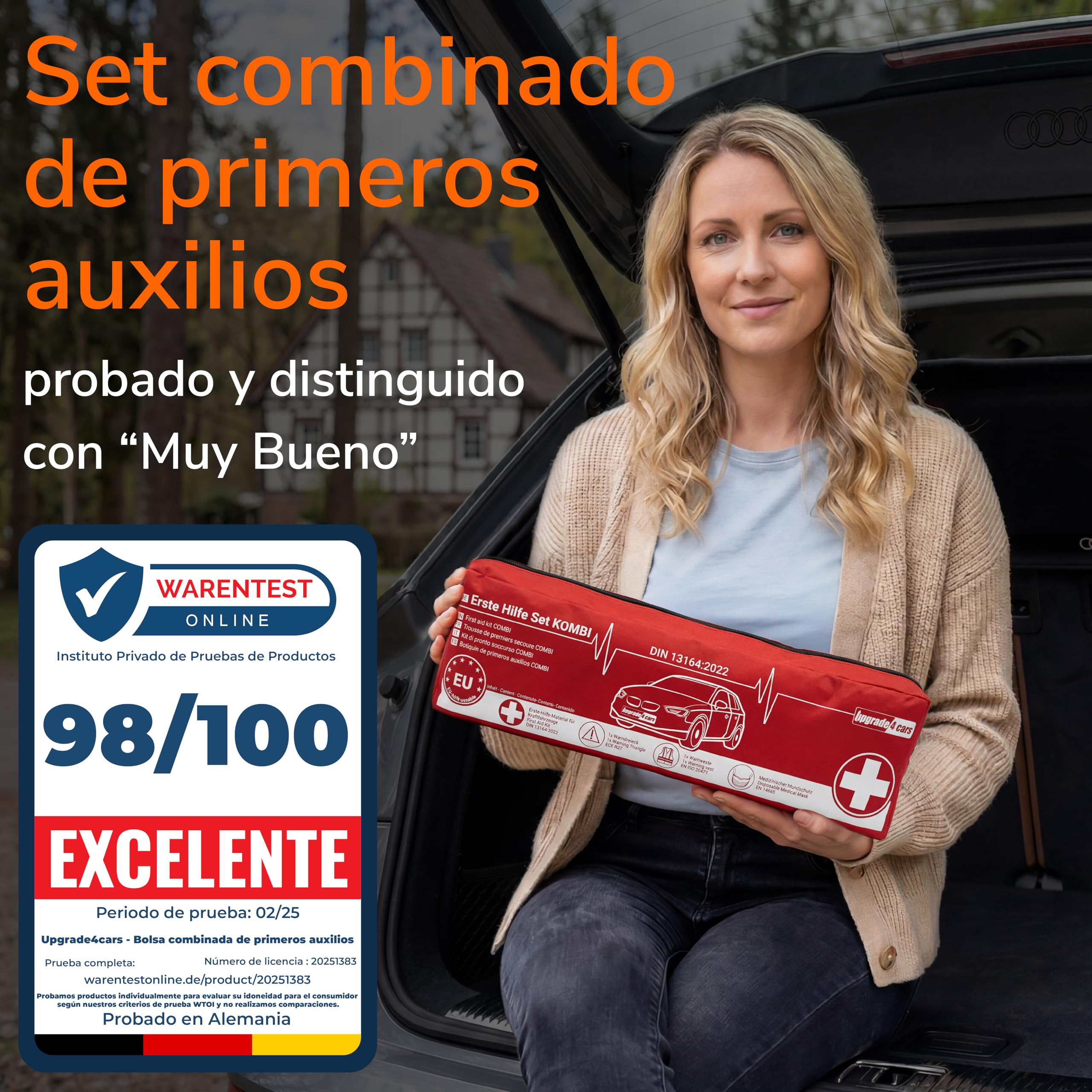 Upgrade4cars Botiquín de Primeros Auxilios Coche 2026 con Triángulo de Emergencia y Chaleco Reflectante según Norma Actual DIN 13164 Válido en Toda Europa
