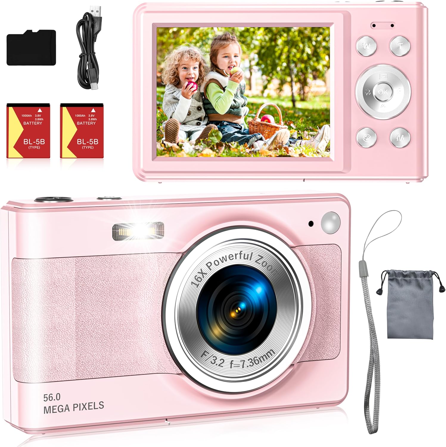 Upgrade Digital Camera, 56MP FHD 1080P Camera for Kids with 16x Zoom Anti Shake, Kid Camera with 32GB TF Card, Two Batteries, Lanyard, Compact Small for Kids Boys Girls(Pink)