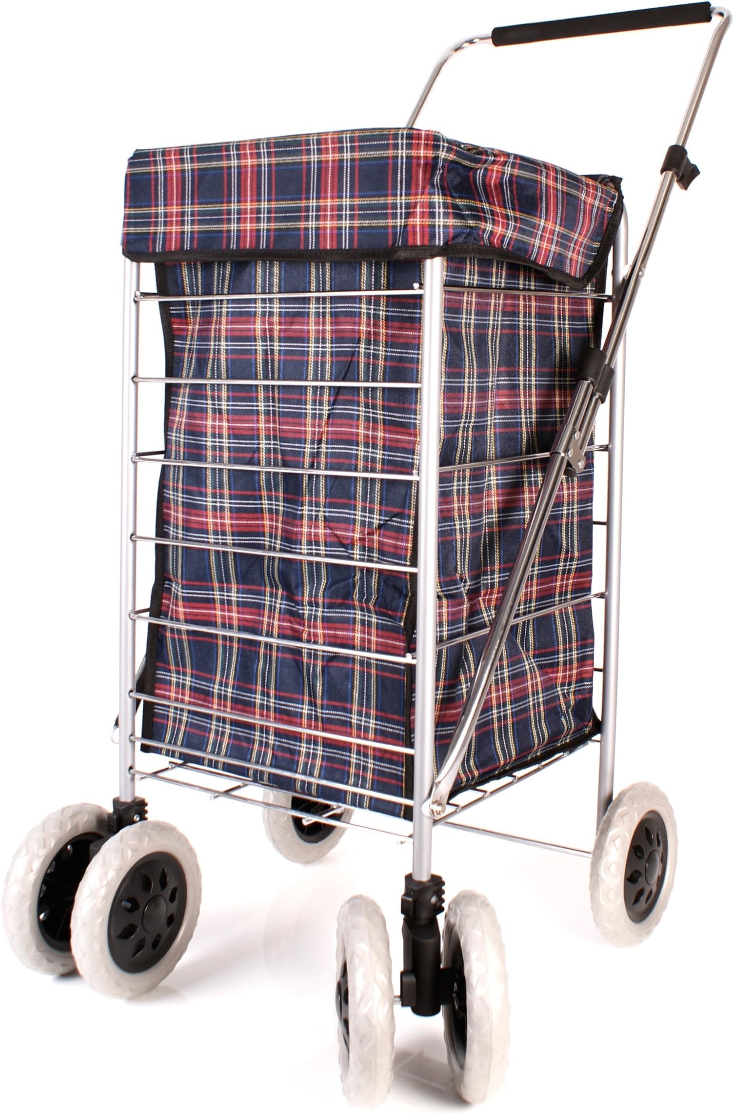 ST-SIX-01 Navy Red Tartan 6 Wheeled Large Shopping Trolley with Adjustable Handle