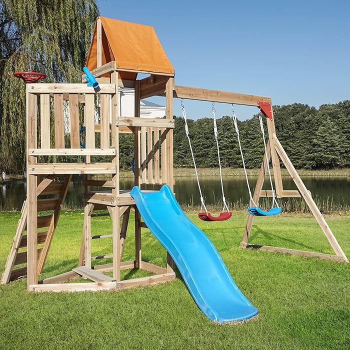 Buy ARTETHYS Climbing Frame Wooden Playhouse Pirate Ship with Swing Set