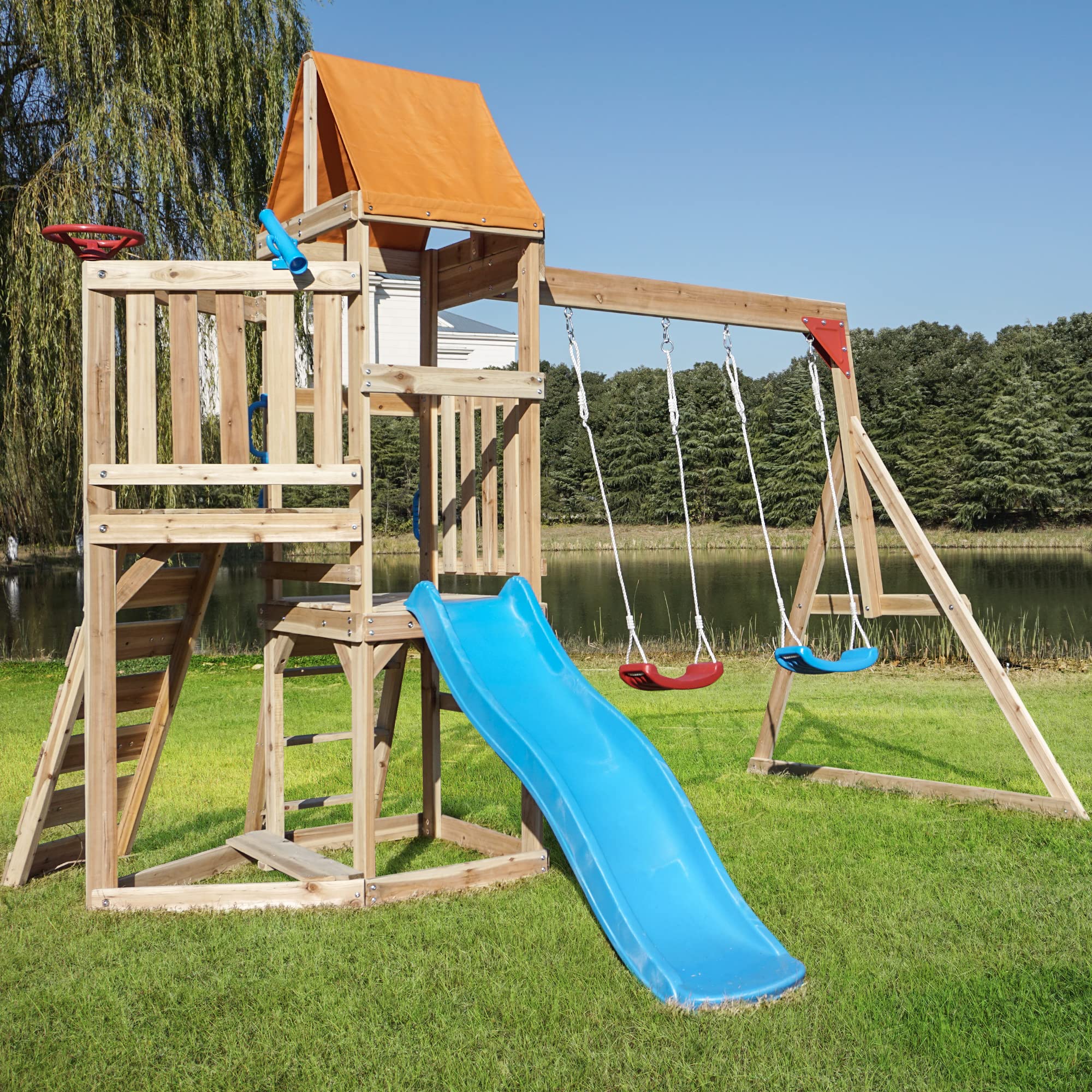 Buy ARTETHYS Climbing Frame Wooden Playhouse Pirate Ship with Swing Set