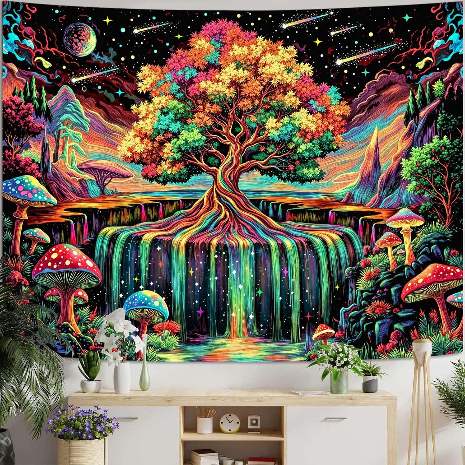 Lifeella Blacklight Tree of Life Waterfall Tapestry, Glow in the Dark Fantasy Mushroom Wall Art, Mystic Nature Space Decor for Living Room Bedroom, 36x48 inches
