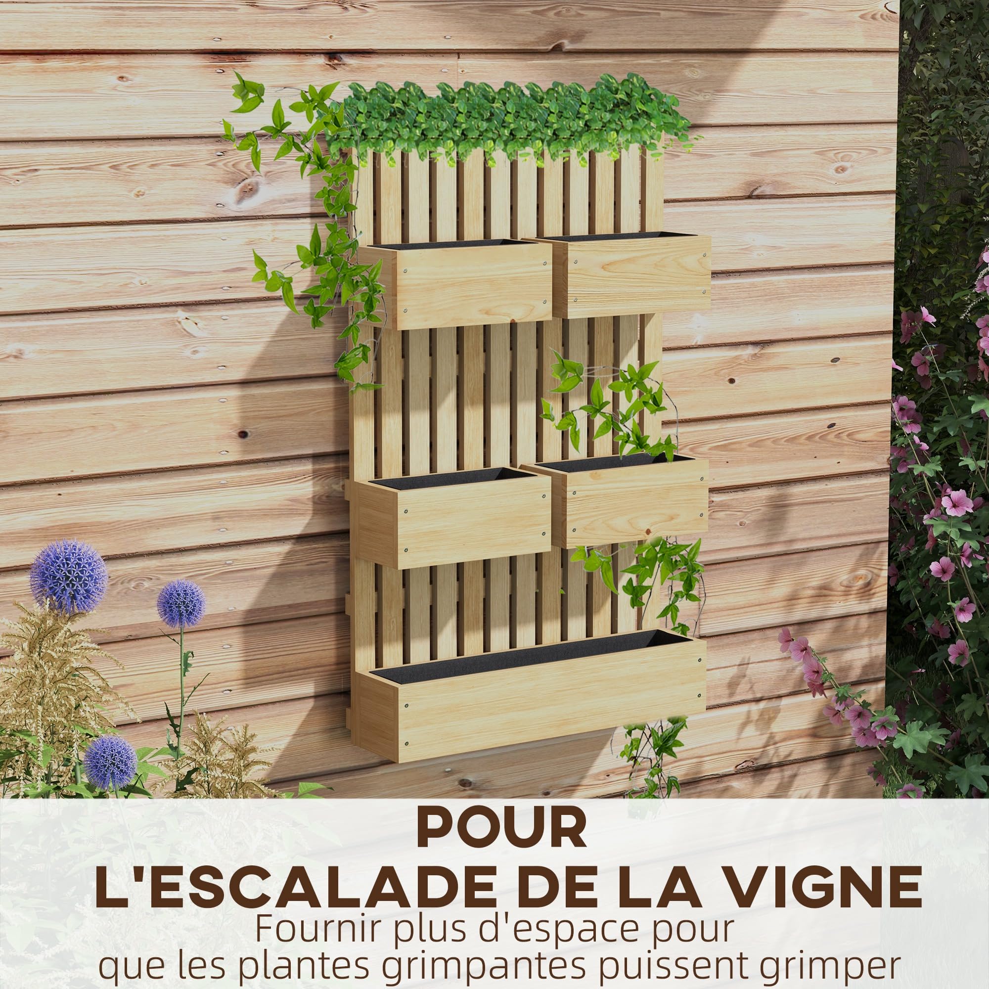Outsunny Jardinière Murale Potager avec 5 bacs en Bois Massif Amovibles, Tissu Non tissé, 60 x 16 x 100 cm, Naturel