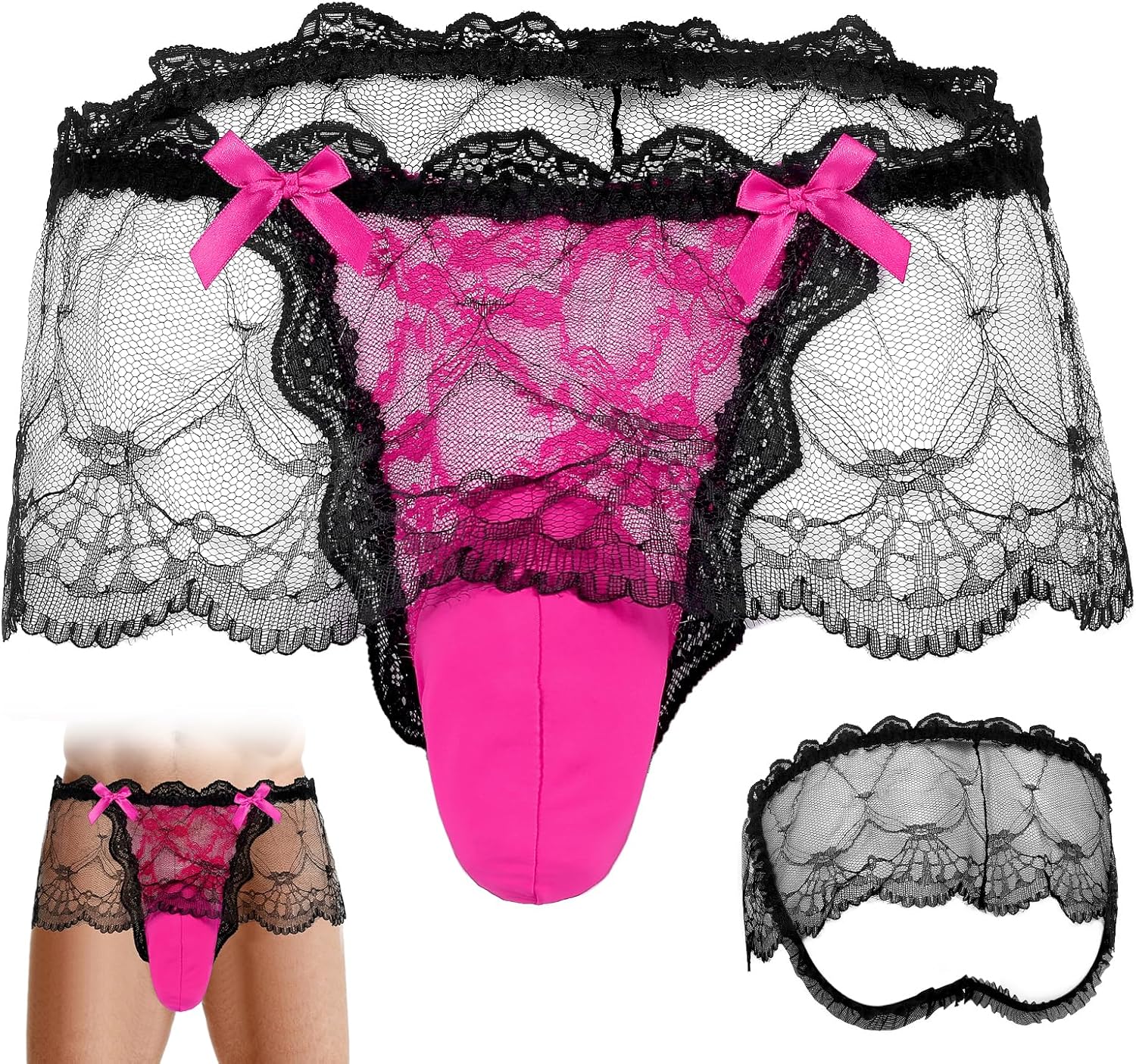 Men's Sissy Panties with Bows, Lace Sexy Underwear for Men, Male Lingerie Femboy Mesh Ruffles Briefs (34-42)
