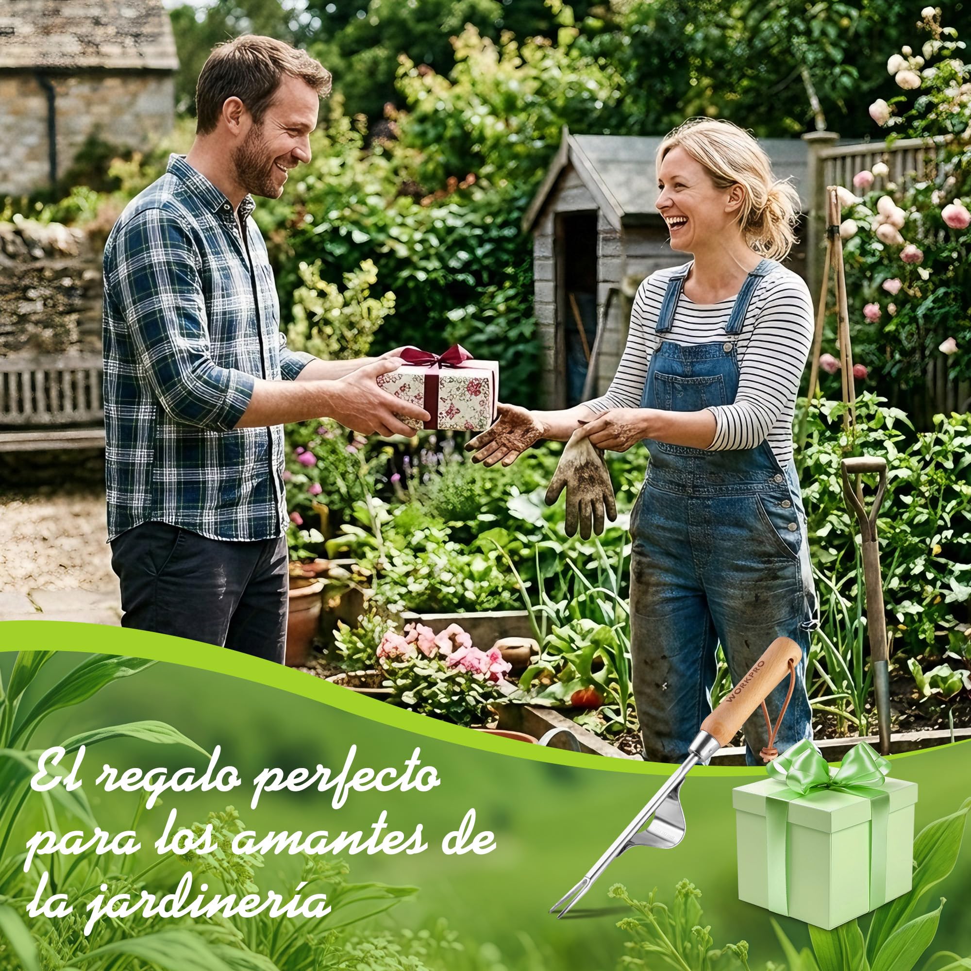 WORKPRO Desherbador Manual de Acero Inoxidable, Extractor de Malas Hierbas con Mango de Madera Ergonómico, Herramienta Quitahierbas para Jardín, para Quitar Dientes de León, Cardos y Otras Malezas