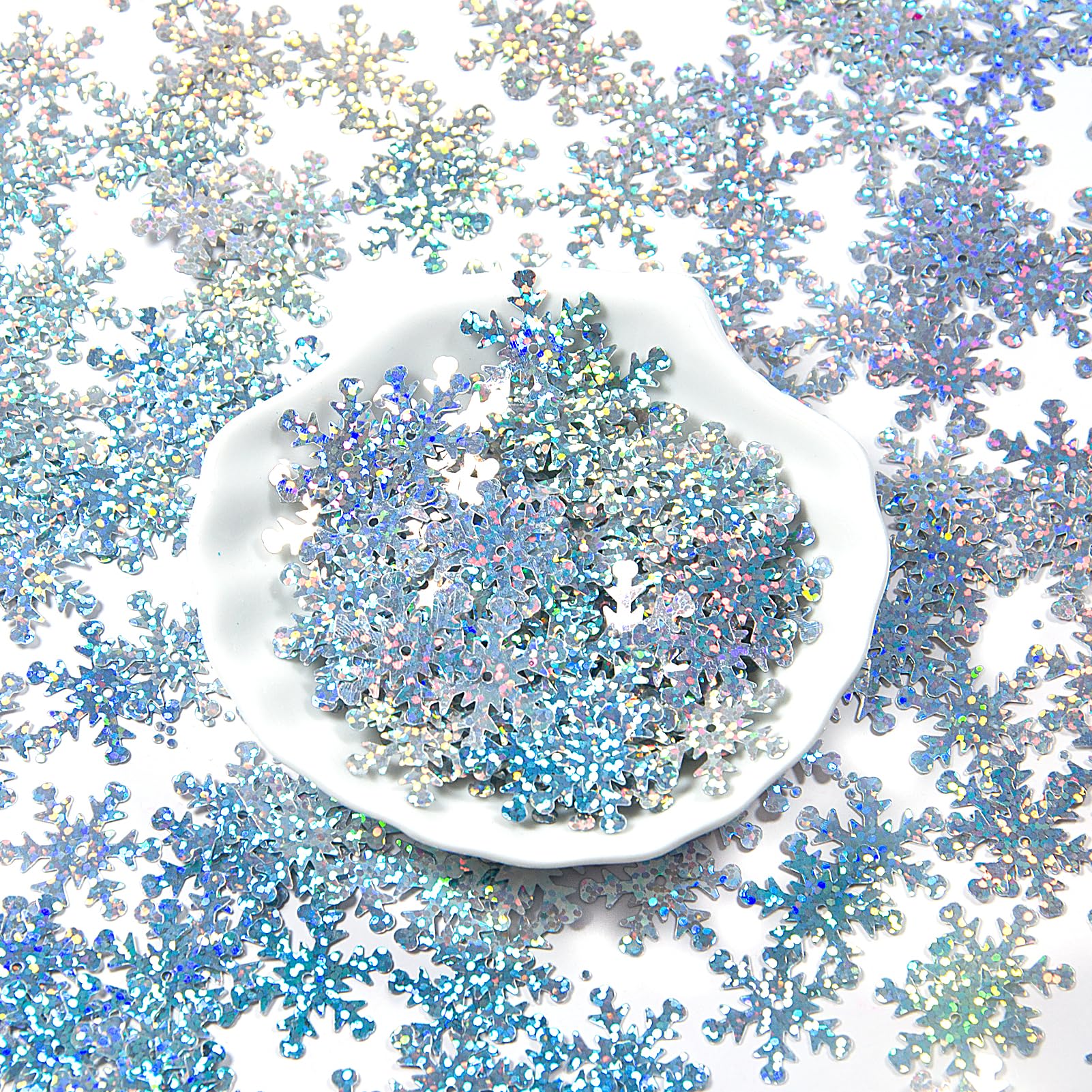 Giftmeet Silver Snowflake Decorations, 2080 Pcs, 0.9 Inch Plastic Shinny Glitter Christmas Snowflake Ornaments for Multiple Occasions