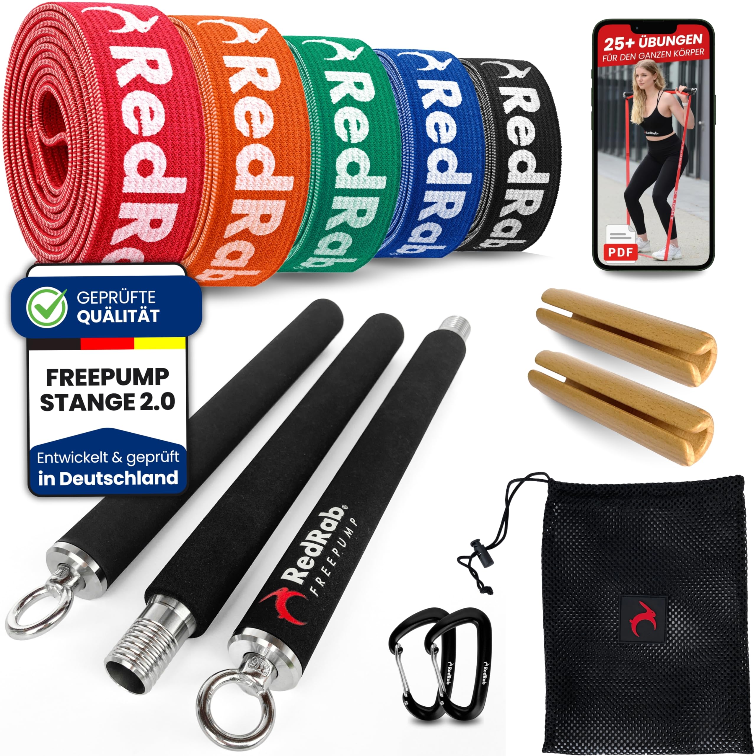 RED RAB Lange Fitnessbänder Stoff inkl. Stange & E-Book für Widerstandsbänder Krafttraining - Fitness Band Set - Krafttrainingsset mit reißfesten Resistance Bands, Klimmzug Bänder, Trainingsbänder