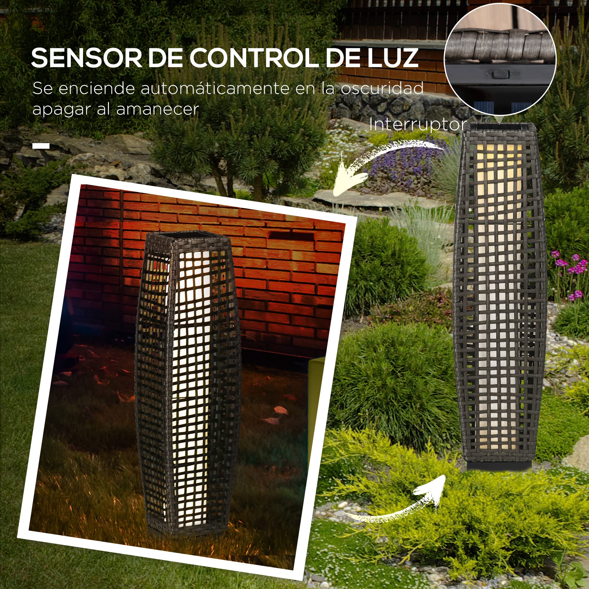 Outsunny Linterna de Jardín de Ratán Sintético Luces Solares Exterior con Luces LED Encendido/Apagado Automático para Terraza Balcón Patio 21x21x78 cm Gris