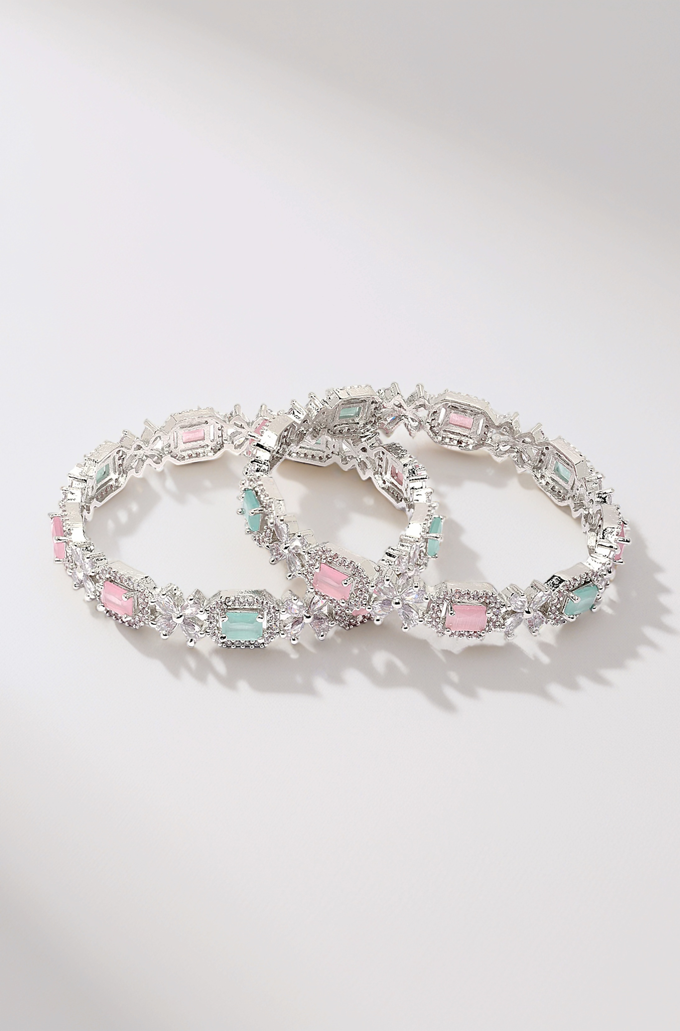 - Rhodium-Plated Silver Toned American Diamond Square Shaped studded Bangle Jewellery Set for Girls and Women (Set Of 2)