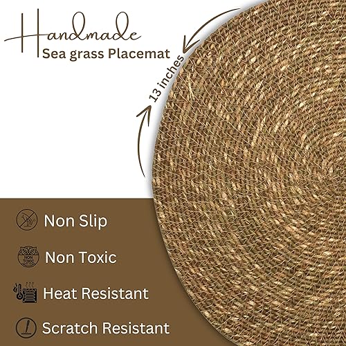 Miniatura 4 de Lightnpro - Juego de 4 manteles individuales redondos de hierba marina natural, platos cargadores redondos diseñados para decorar tus Navidad,