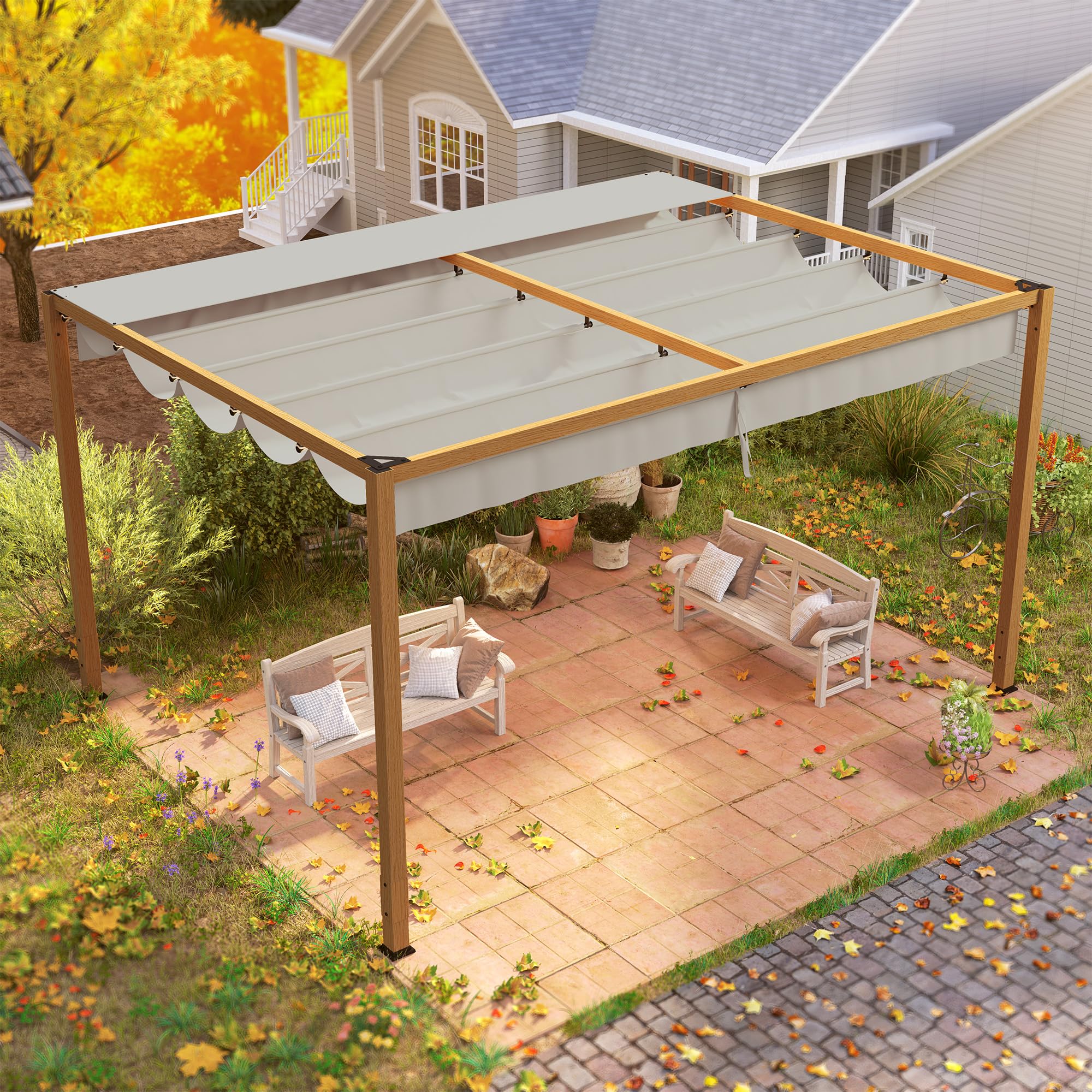 Outsunny Pergola Aluminium pergola Jardin extérieur 4 x 3 m avec Toit rétractable, système de Drainage, tonnelle de Jardin abri Soleil pour terrasse Patio véranda, Bois Naturel