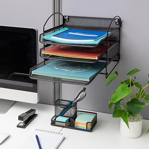 Miniatura 6 de Mind Reader Bandeja de papel de 3 niveles, almacenamiento de archivos, organizador de escritorio, montaje en pared, organización de archivos, malla