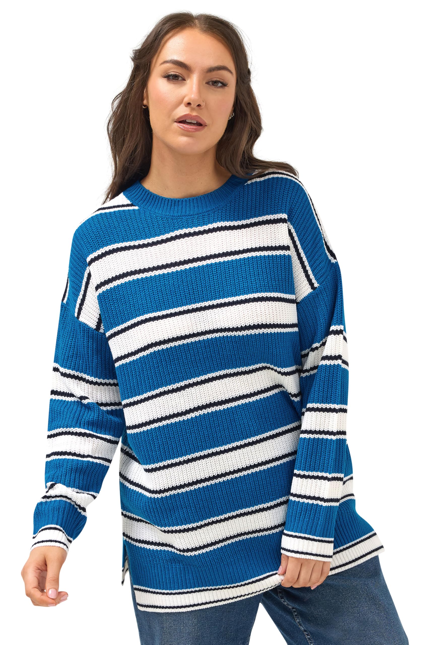 Yours Women's Blue Curve Stripe Knitted Jumper - Plus Size Curve