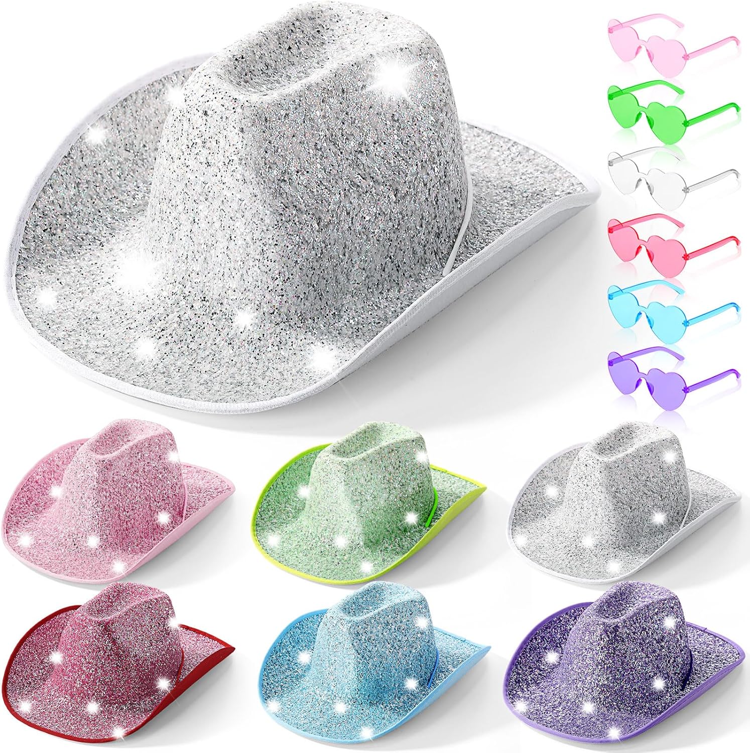 Haysandy 12 Pcs Holographic Space Cowgirl Hat with Rimless Sunglasses Neon Sparkly Cowboy Hat and Heart Sunglasses for Women