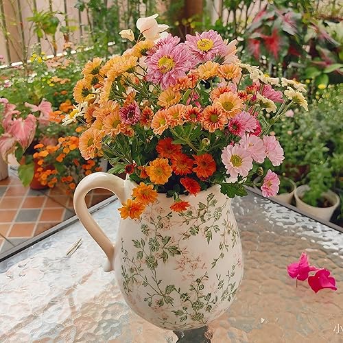 Miniatura 9 de Jarrón floral de cerámica verde y blanco con asa, jarrón rústico de granja, florero floral chinoiserie para decoración del hogar, sala de estar,