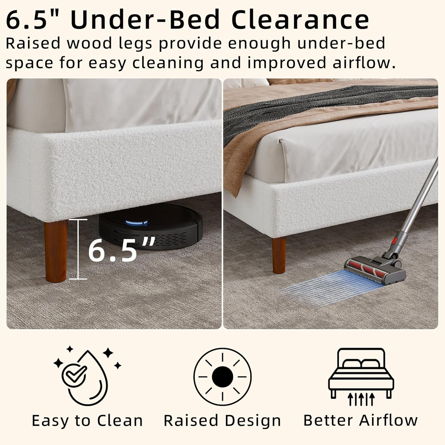 Queen Boucle Upholstered Platform Bed Frame with Adjustable Wingback Headboard, Cloud Bed with Solid Wood Legs, No Box Spring Needed, Easy Assembly, White