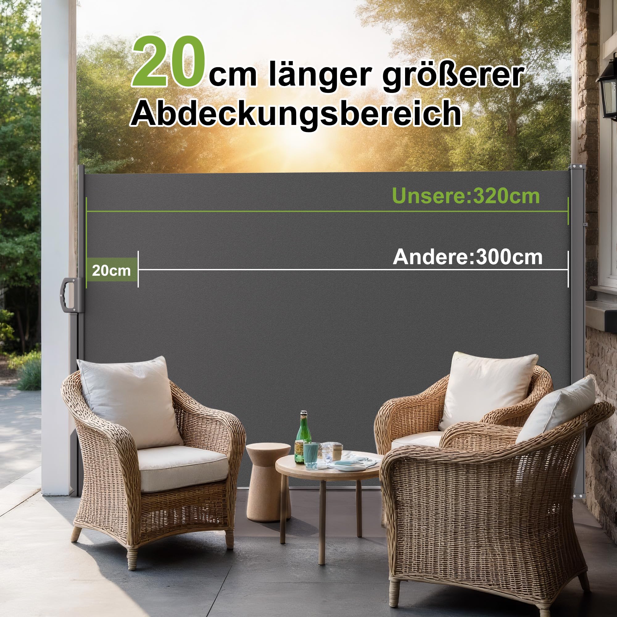 BelleMax Seitenmarkise ausziehbar & Blickdicht, 20 cm länger, Seitenmarkis Anthrazit 180 x 370 cm, Garten-Sichtschutz & Windschutz mit Aufrollautomatik für Balkon & Terrasse