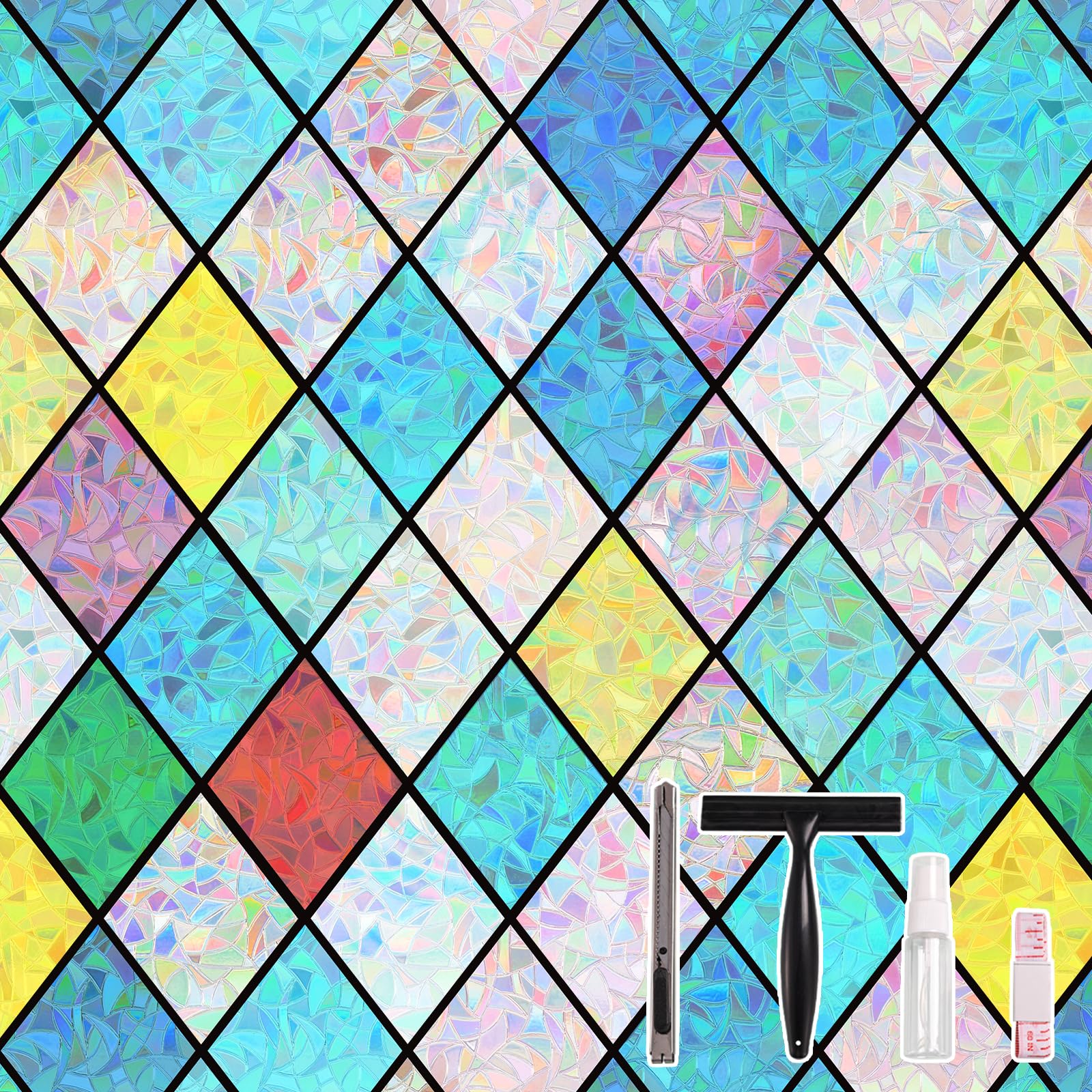 Conkov Window Privacy Film with Rainbow Effect, Static Cling Stained Glass Film Self Adhesive, UV Glare Blocking, For Home Bathroom Kitchen Bedroom Decoration, Multicolor, 44.5 x 200 cm with Tool